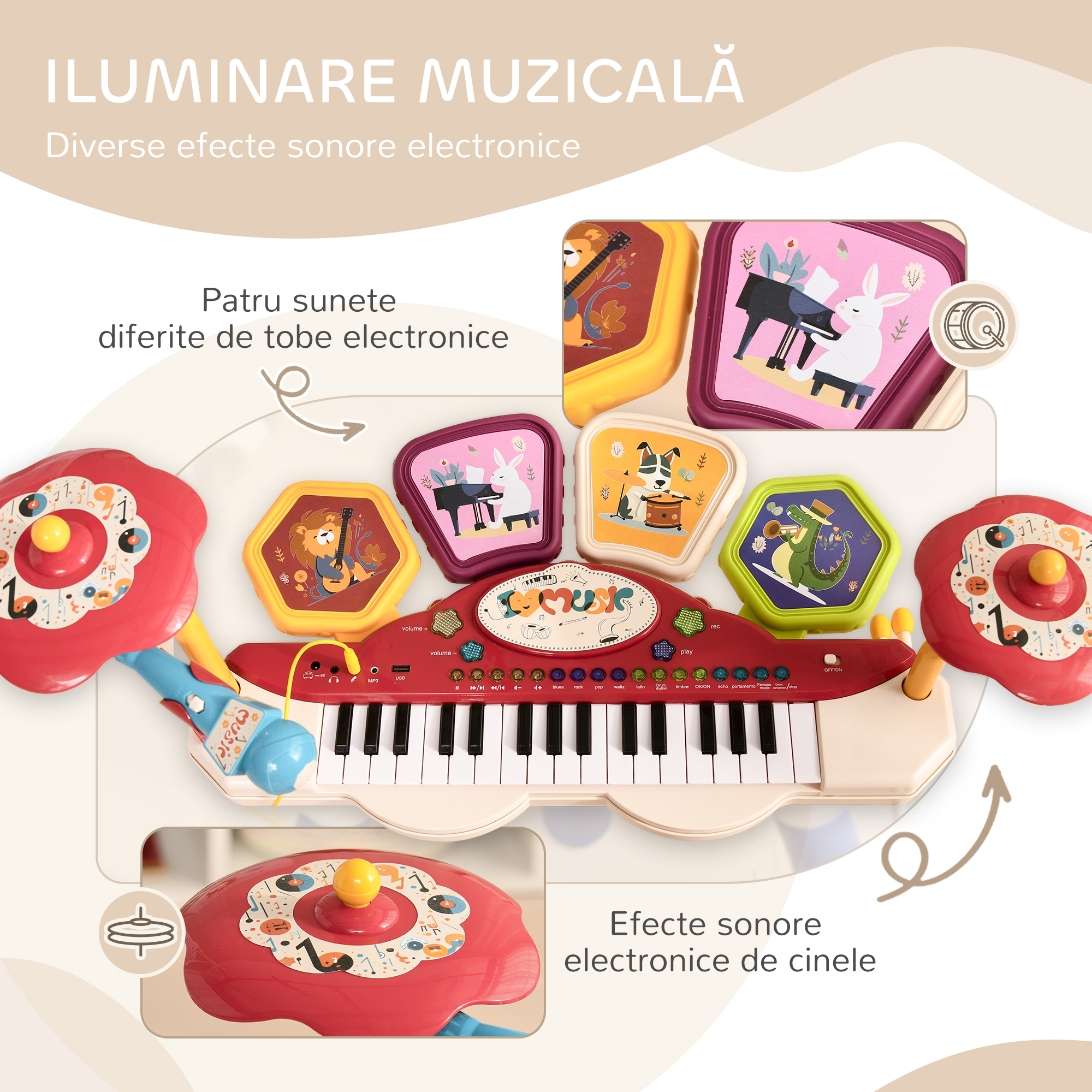  Orga Pian pentru Copii cu Set de Tobe Instrument Muzical Electronic cu Sunete Multiple Lumini Microfon Taburet pentru Fete si Baieti [7]