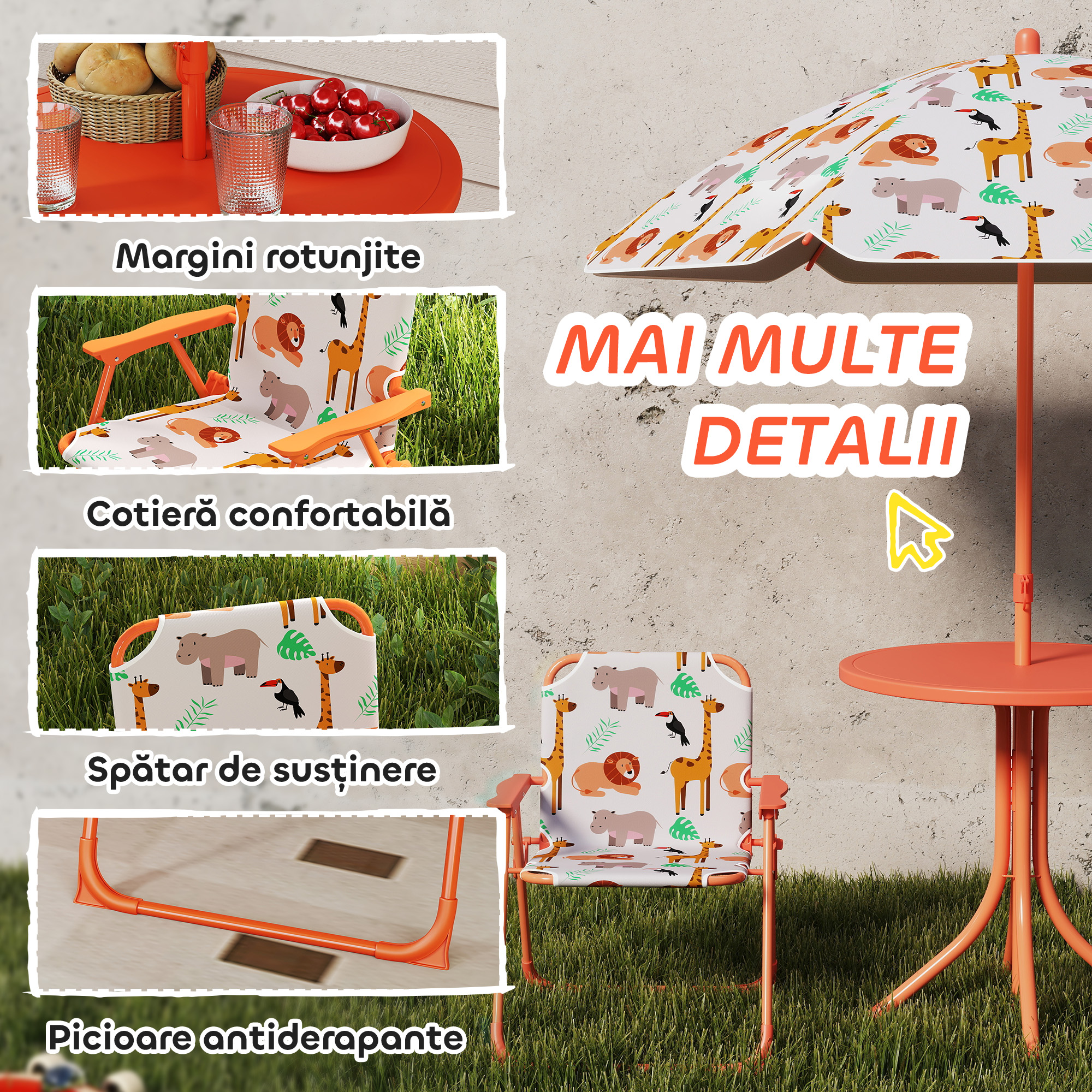 Masa de Picnic pentru Copii, Set Masa si Scaune cu 2 Scaune Pliabile si Umbrela Detasabila, Tematica Jungla, Mobilier de Exterior pentru Gradina, Patio, Portocaliu [5]