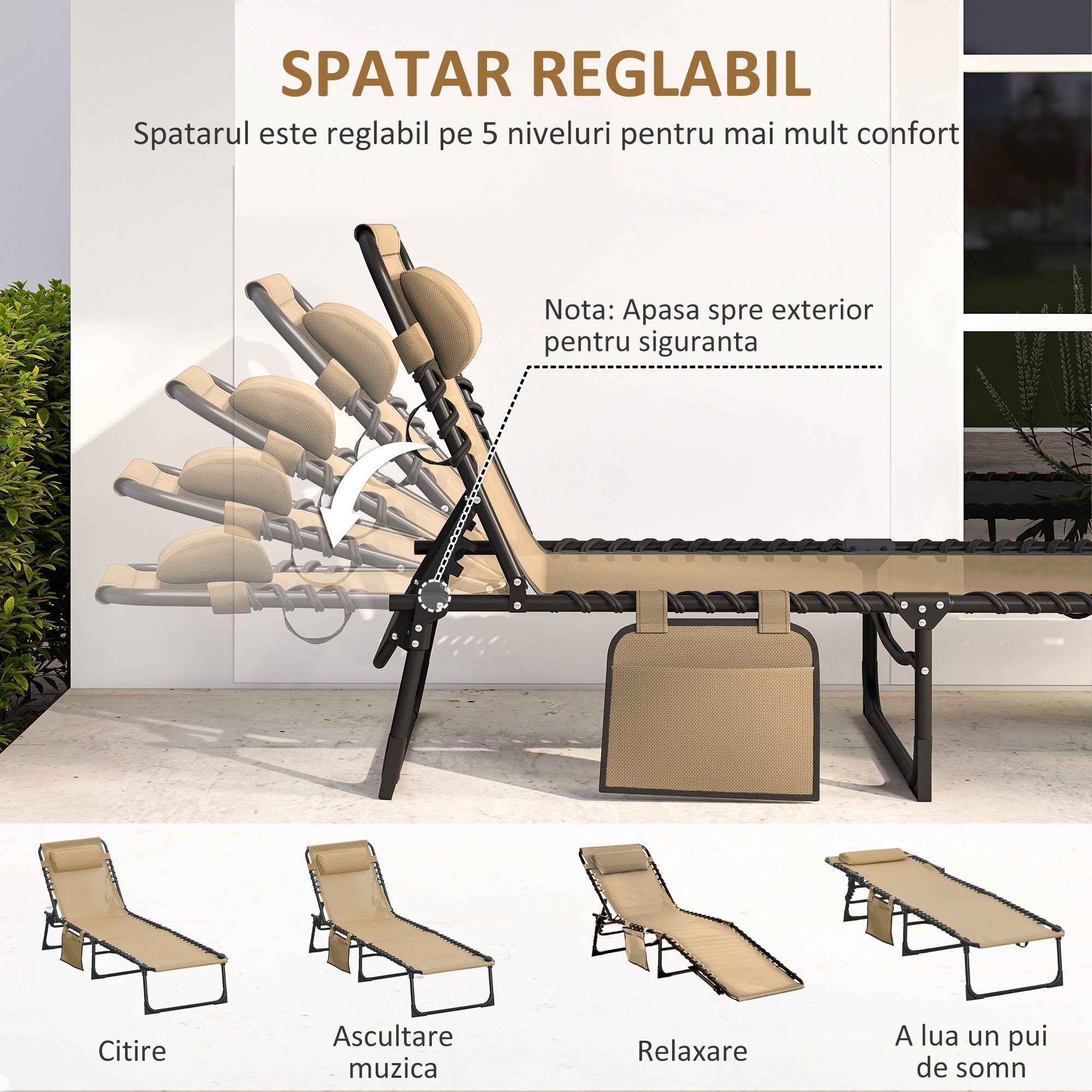  Portable Sun Lounger, Folding Camping Bed 5-position Adjustable Grey [3]