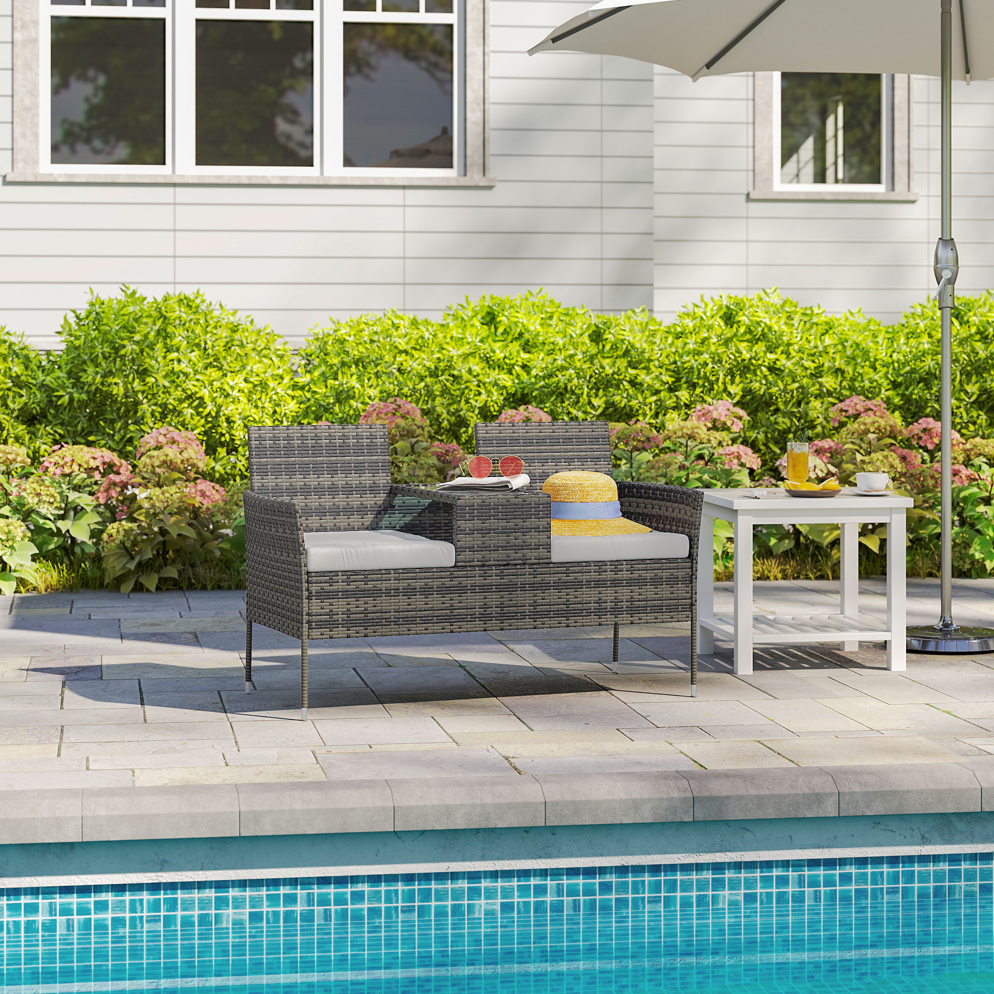  Bancheta de Exterior cu 2 Locuri si Masuta de Cafea, din Otel si Ratan PE, 137x59x82 cm, Gri [7]