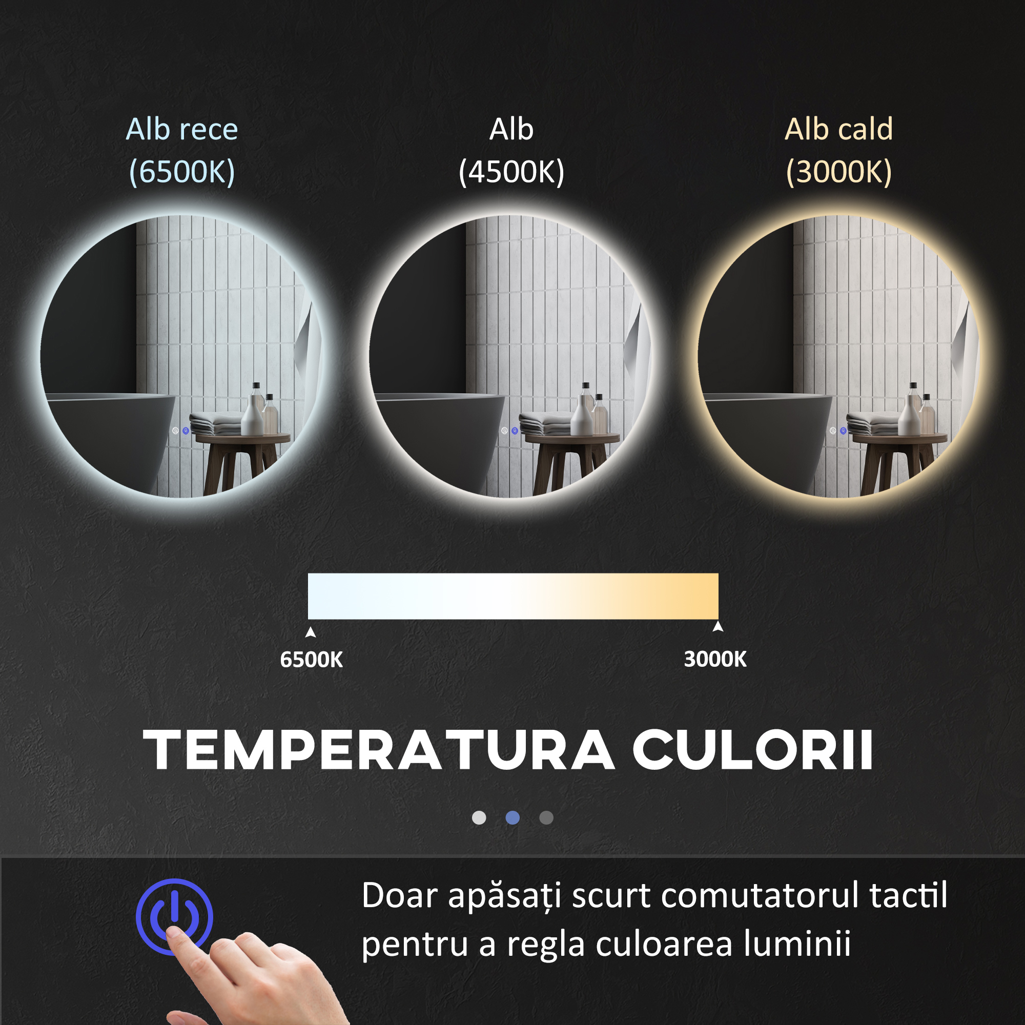  Oglinda de Baie cu Lumini LED Reglabile, Comutatoare Touch si Design Anti-aburire, Ø60 cm [5]