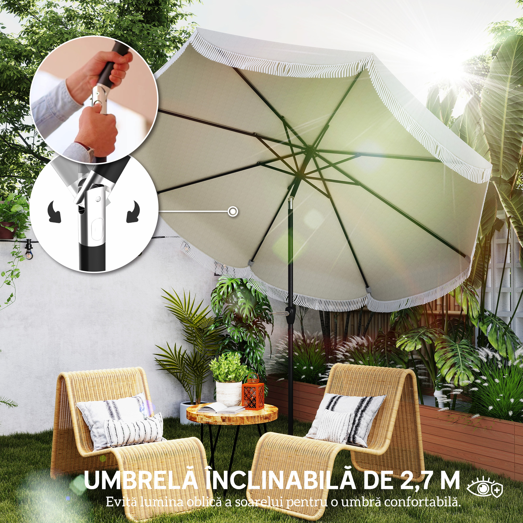  Umbrela de Gradina Inclinabila 2.7x2.7 m cu Manivela, Umbrela Rotunda de Exterior cu 8 Spite, din Metal si Poliester, pentru Curte sau Balcon, UV 30+, Gri Deschis [3]