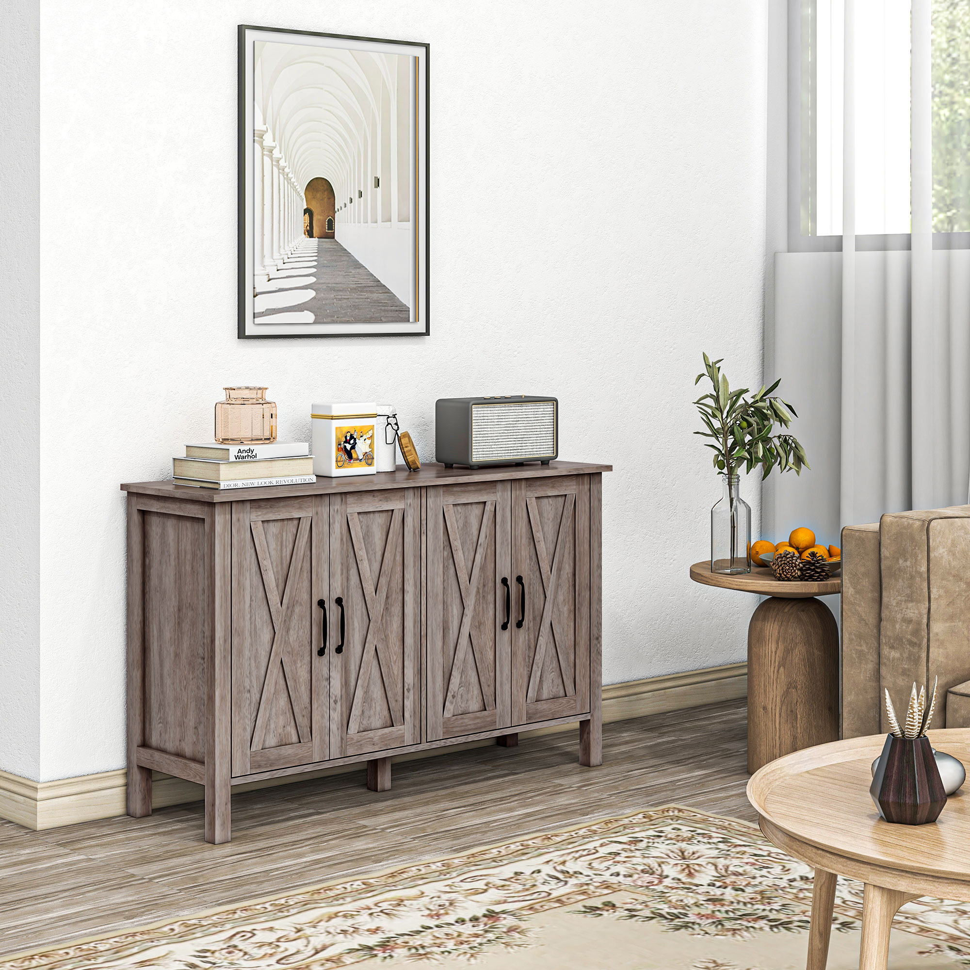  Dulap Multifunctional Stil Rustic cu 4 Rafturi Reglabile, din Lemn, 120x37x75 cm, Gri [1]