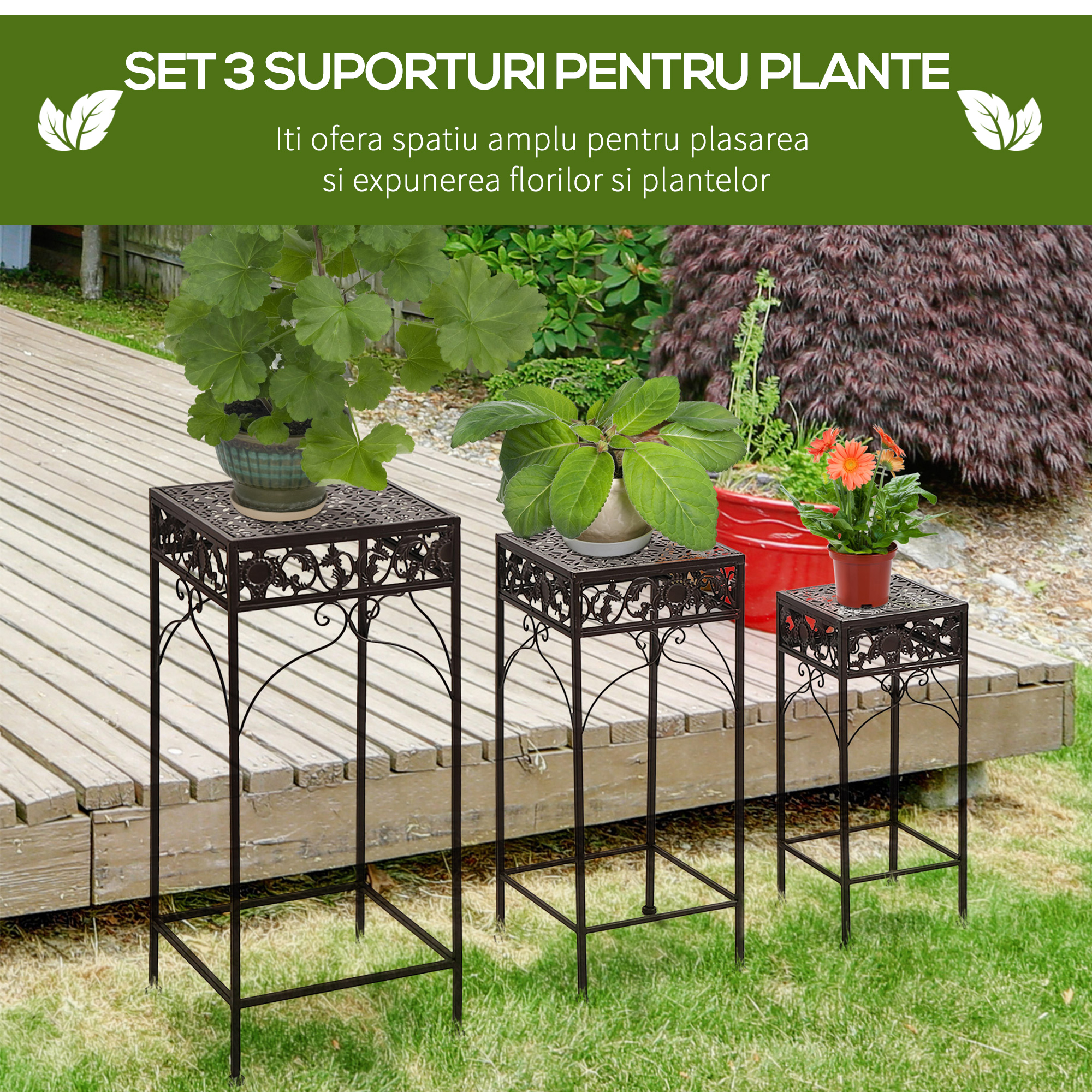  Set de 3 Bucati Scaune Suport pentru Plante Clasic din Fier Sgabelli Supporto per Piante Classico in Ferro, MARO [4]