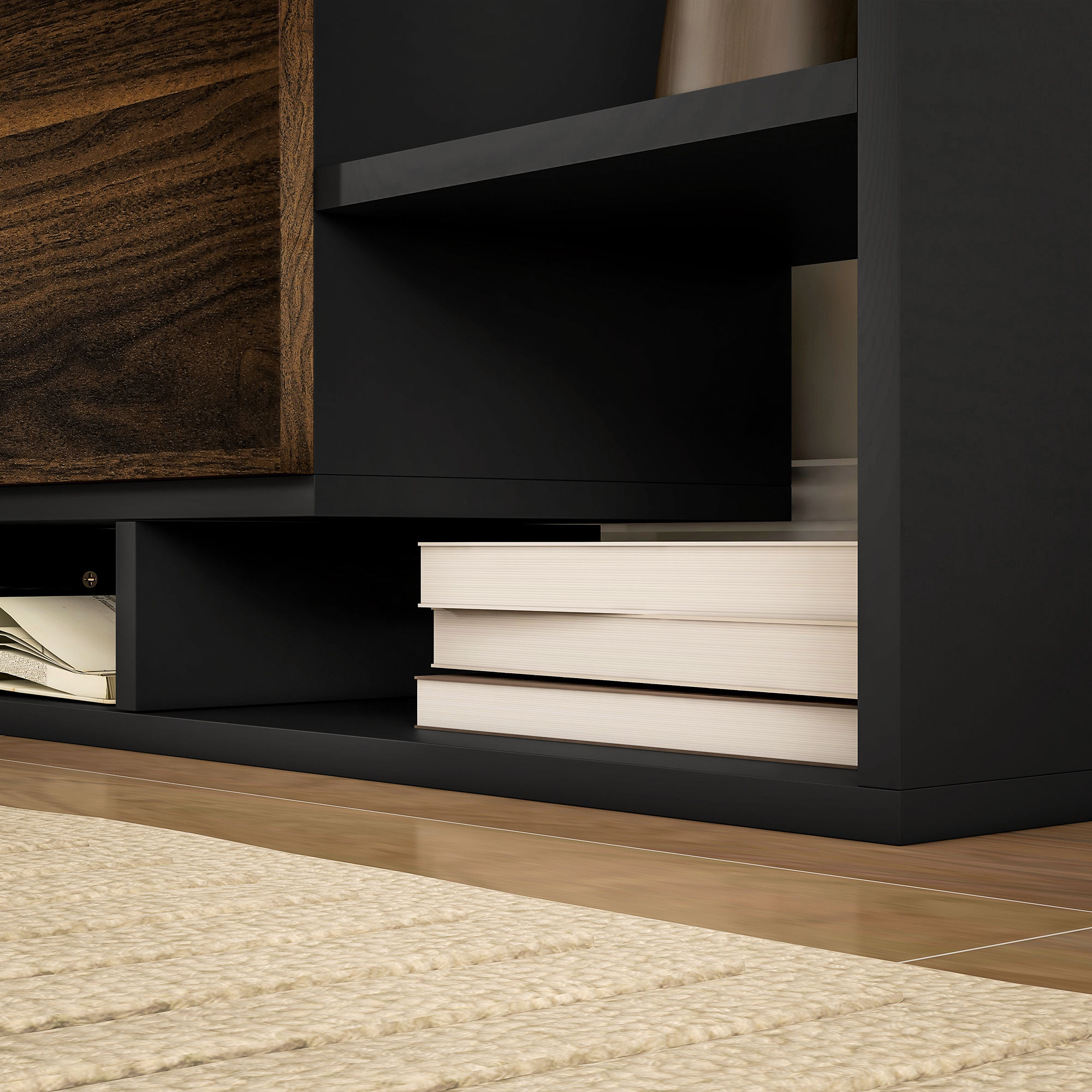  Mobilier TV cu Raft de Perete, Rafturi Deschise si Dulapior din Lemn, 153,6x25x42 cm, Negru [8]