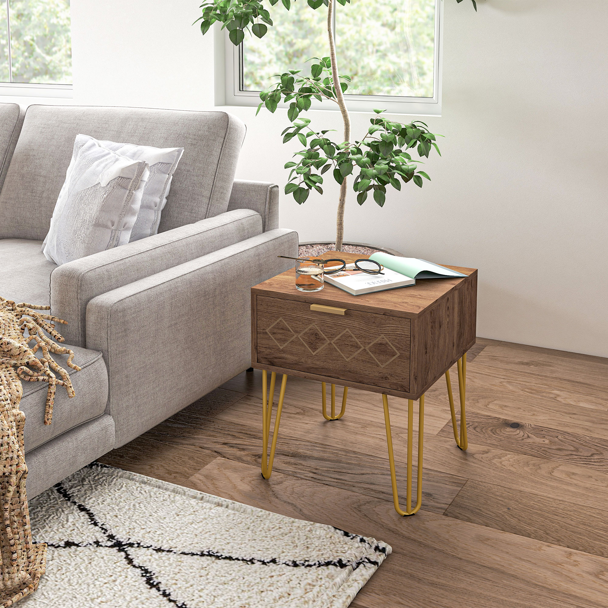  Noptiere Moderne Set 2 Bucati din PAL si Otel cu Sertar, 39.5x41x49 cm, Maro [6]