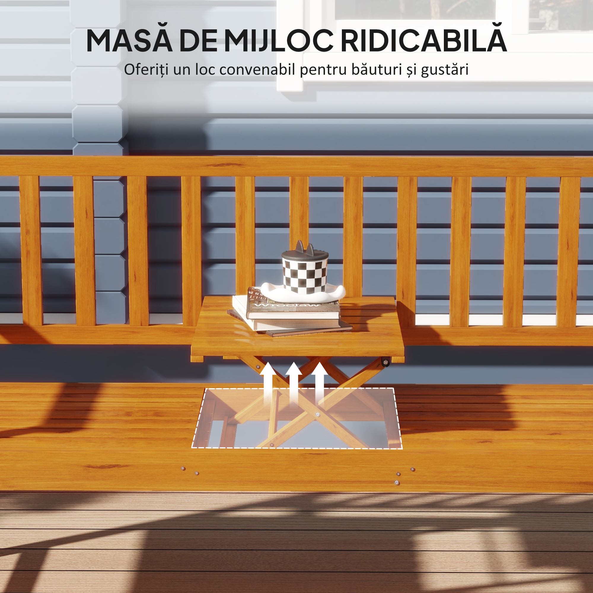  Banca de Gradina pentru 2-3 Persoane din Lemn de Pin, Banca de Exterior cu Masuta Rabatabila si Brate, pentru Balcon, Terasa si Gradina, 153x56x91 cm, Maro Deschis [3]