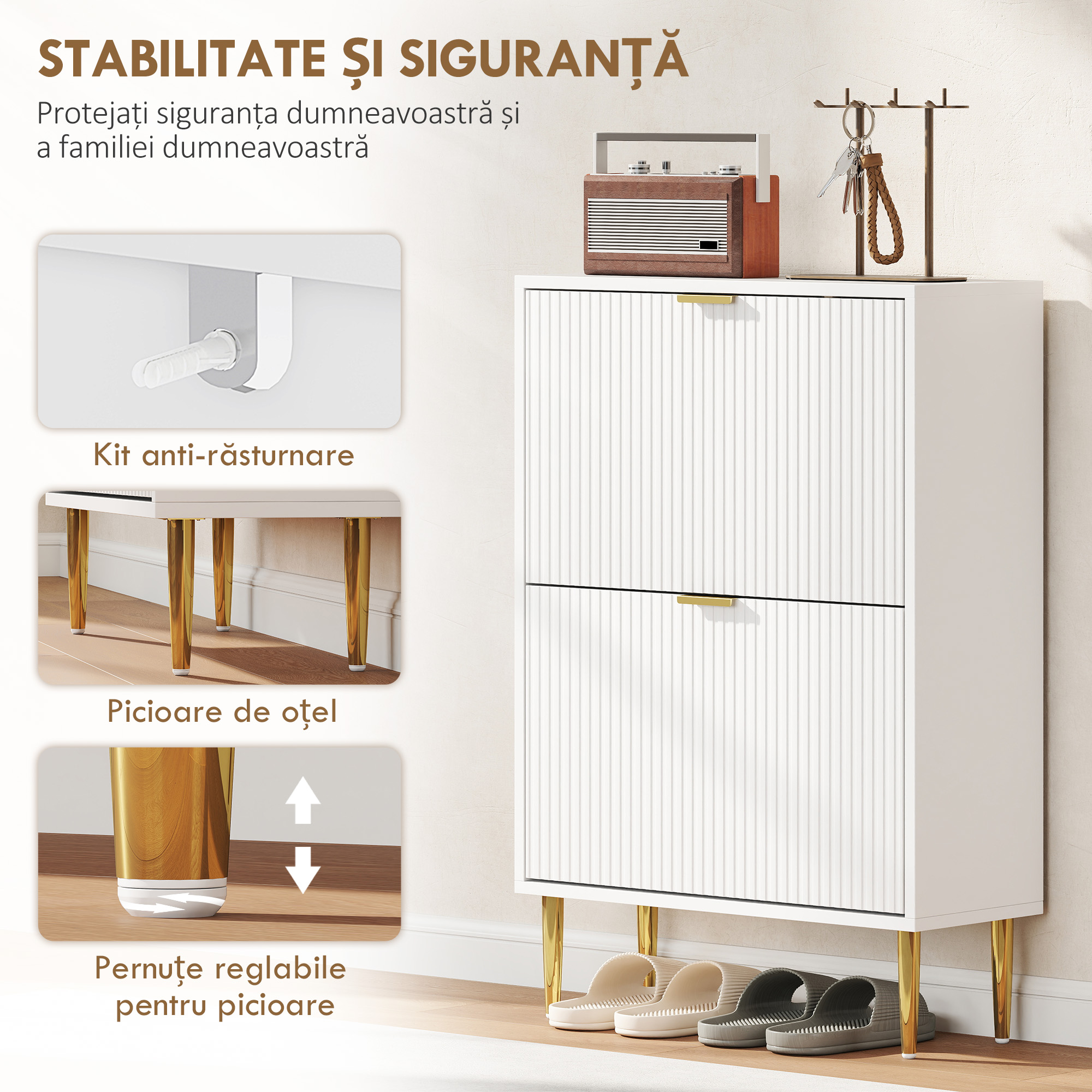  Dulap Slim pentru 12 Perechi de Pantofi, cu 2 Sertare Rabatabile si Rafturi Reglabile, 60x24x91.5 cm, Alb [6]