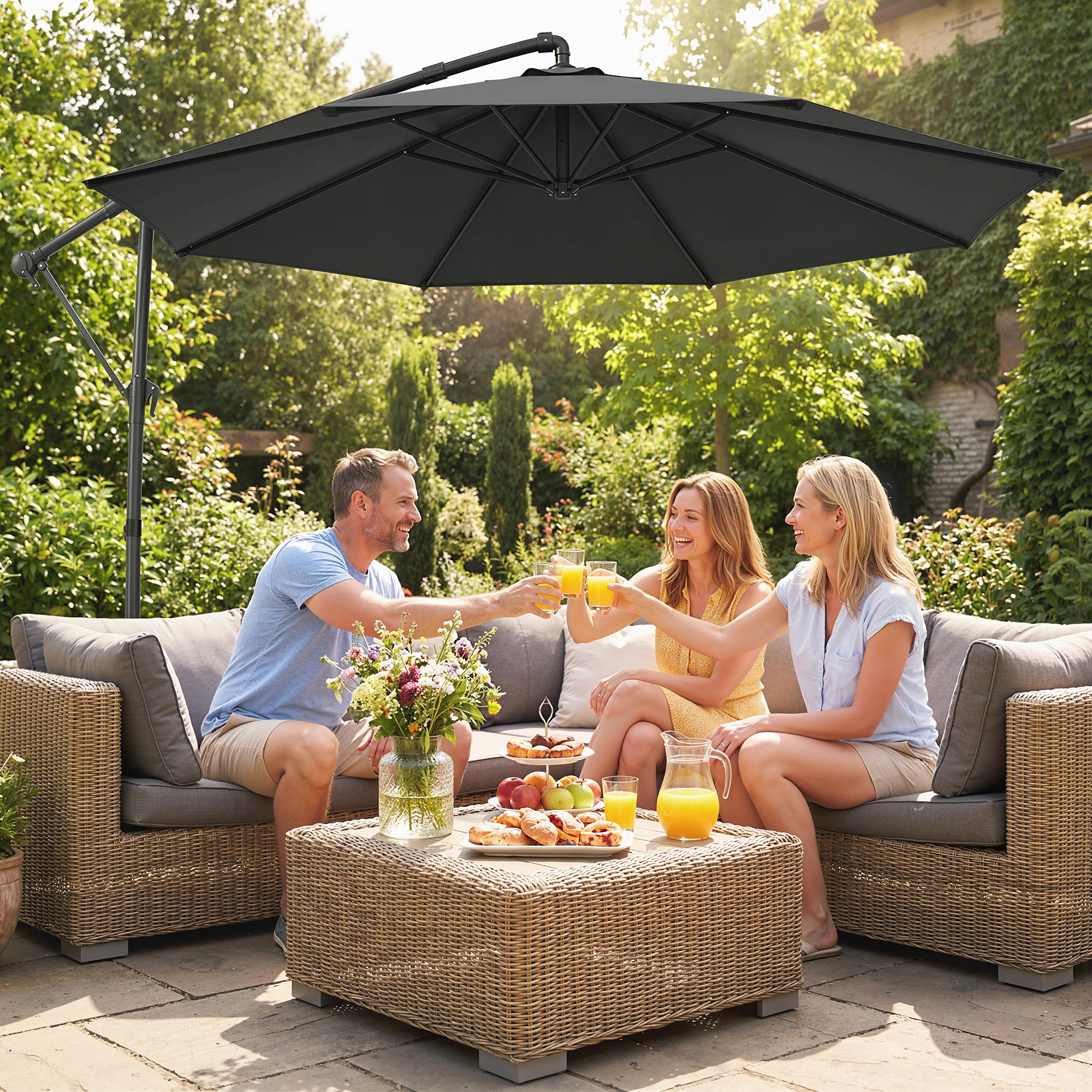  Umbrela de Gradina Suspendata 3x3m cu Baldachin Reglabil, Baza in Cruce, Ventilatie, Manivela, Umbrela Decentralizata inclinabila din Metal si Poliester, pentru Curte Terasa, Negru [1]