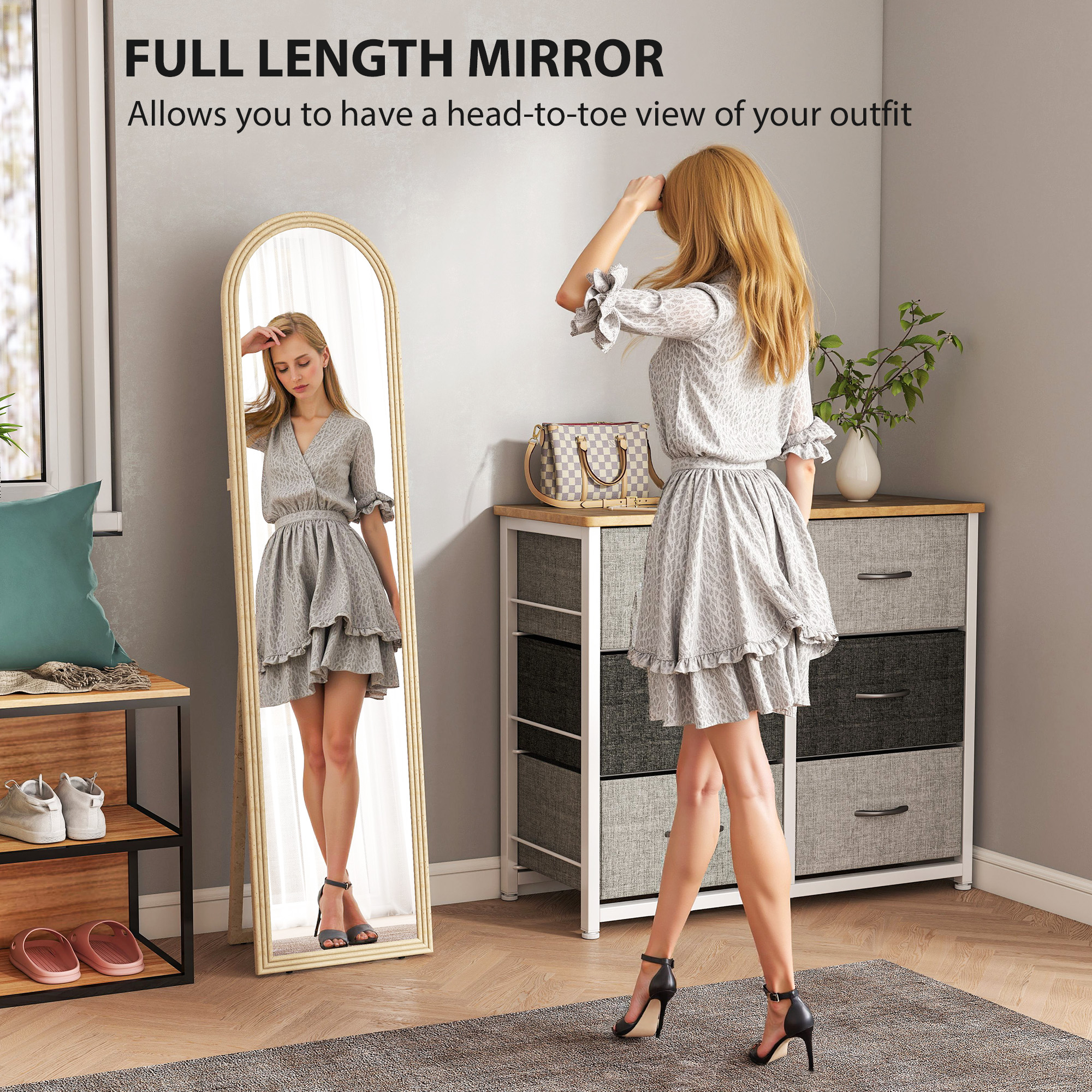 Oglinda  de Podea si de Perete cu Suport, efect de Piatra, 40x160cm, Bej. [3]