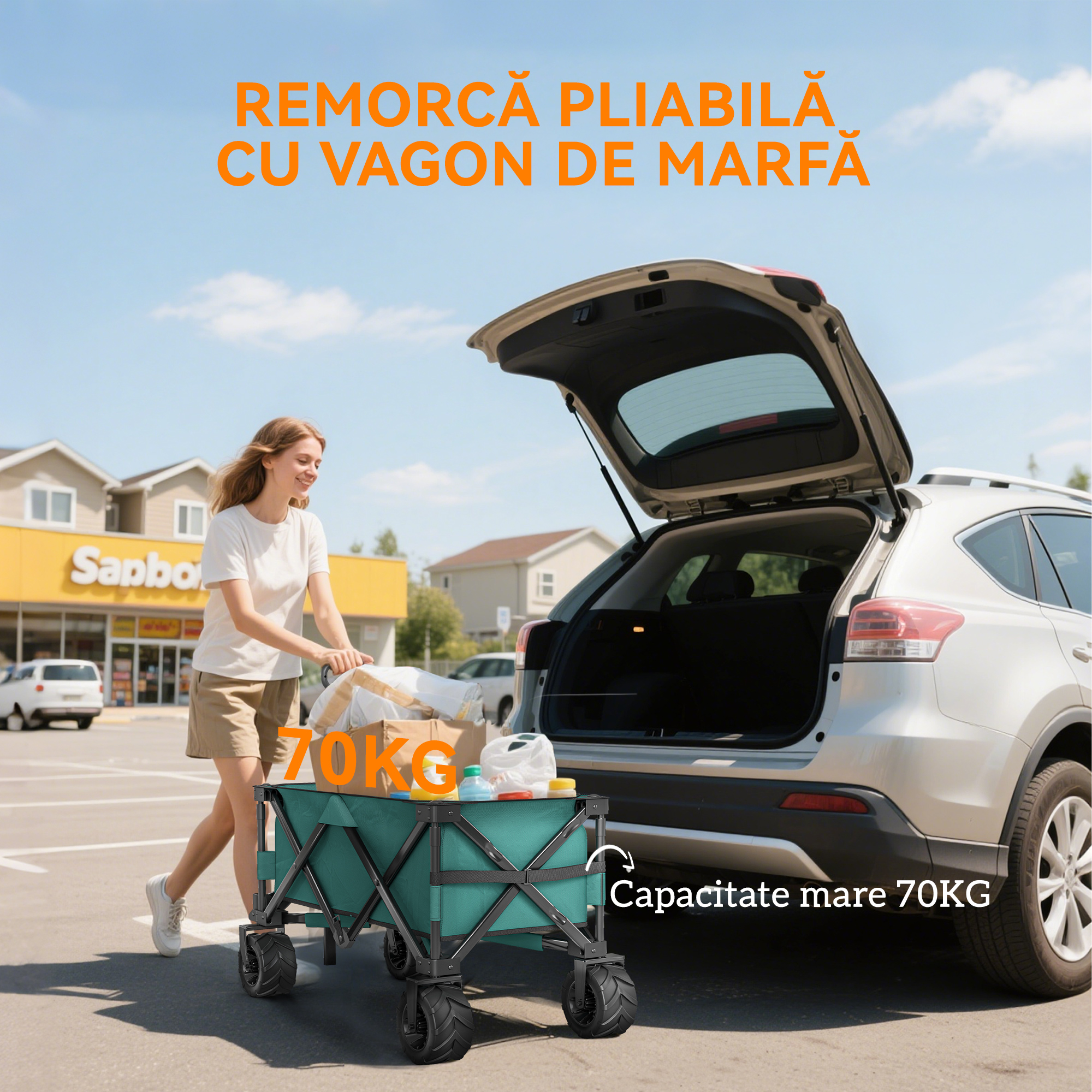  Carucior de Gradina cu Maner Telescopic, Carucior pentru Transport Obiecte pana la 70 kg, 108x55 cm, Verde [6]