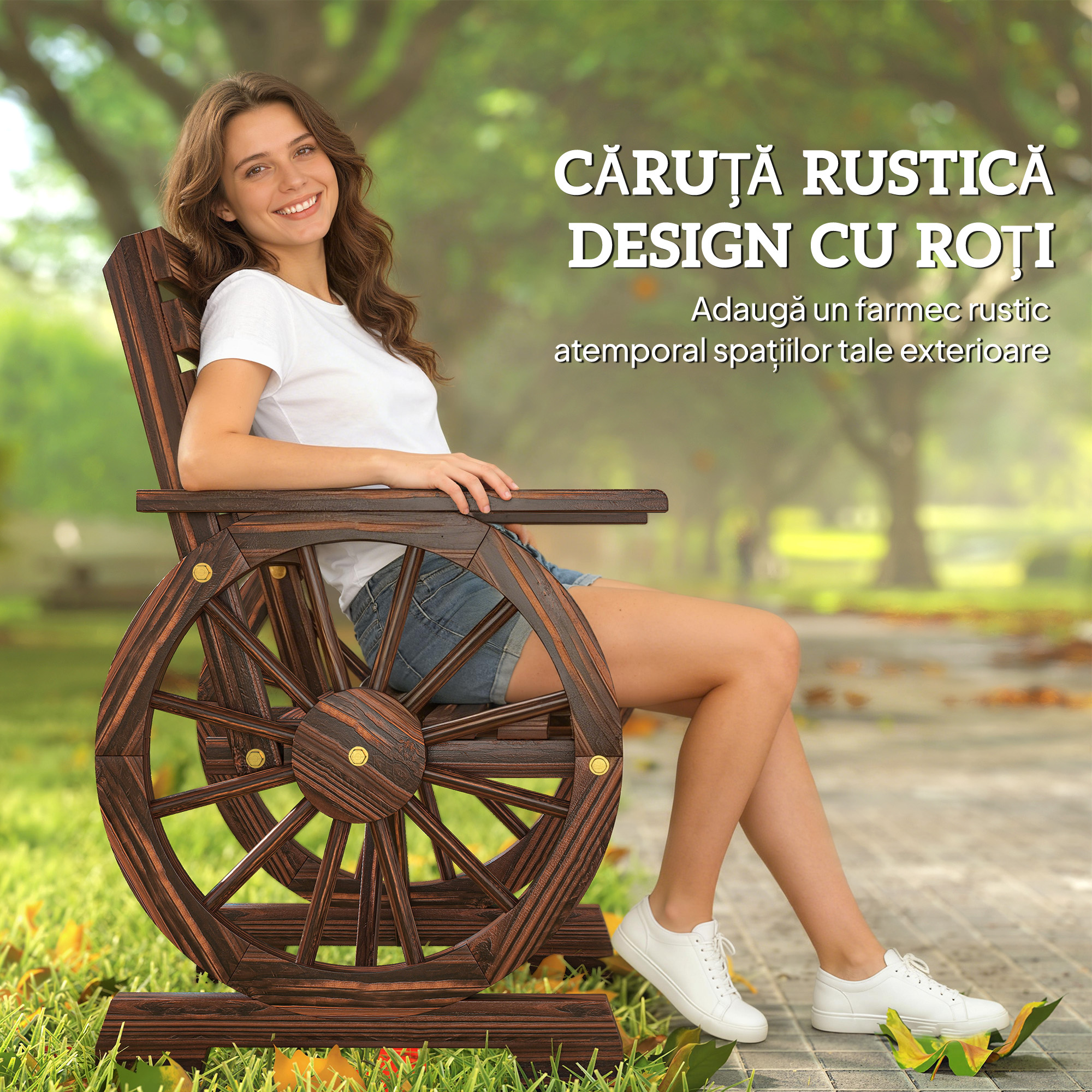  Banca de Gradina din Lemn cu Lamele 1 Loc, Scaun de Exterior cu Cotiere si Roata, Fotoliu din Lemn Masiv, sezut Spatios, Spatar inclinat, Gradina, Curte, Veranda, Finisaj Carbonizat [3]