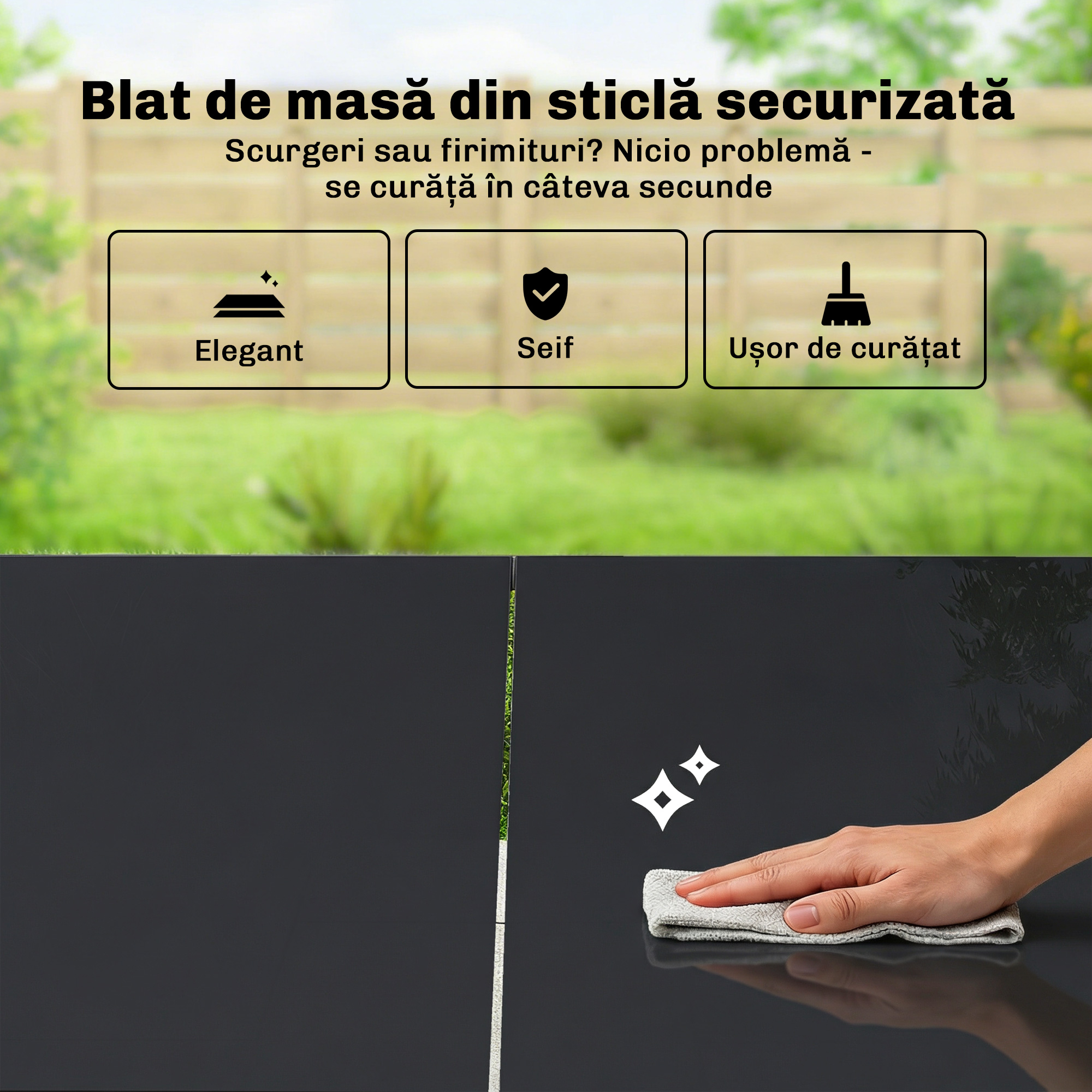  Set Masa si Scaune de Gradina 7 Piese, Set Pranz Exterior cu Masa din Sticla Temperata, 6 Scaune din Texteline Respirabil, Cotiere Decorative, Structura din Otel pentru Terasa Balcon, Negru [6]