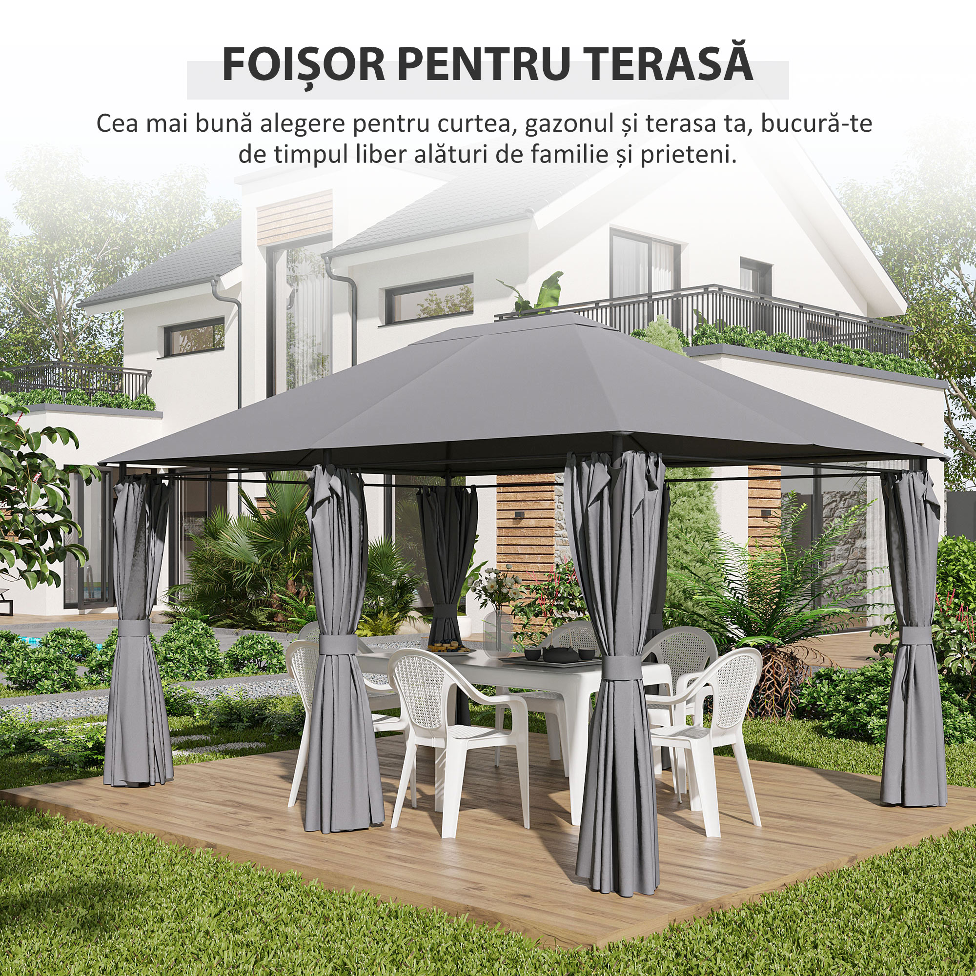  Gazebo din Otel 3x4 m cu Acoperis din Material Textil si 6 Perdele Detasabile, Gri [5]