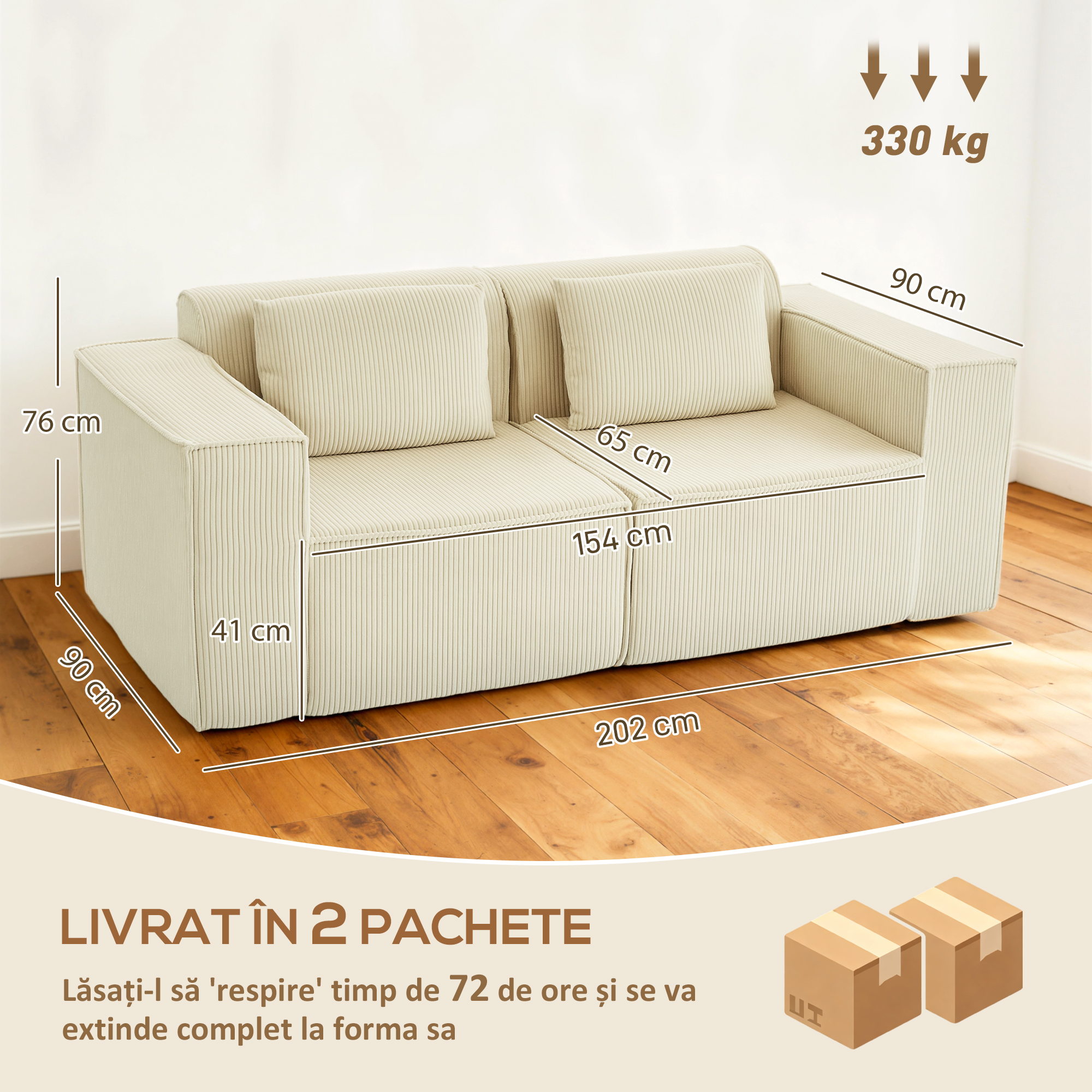  Canapea 3 Locuri Extra Adanca 65 cm, Canapea Modulara Fara Cadru cu Perne Groase, Cotiere Largi si 2 Perne, Design Modern din Catifea cu Nervuri pentru Sufragerie, Bej [2]