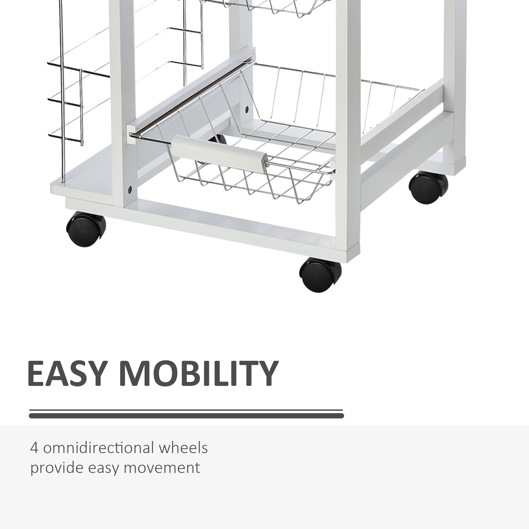  Carucior de Bucatarie cu Economisire de Spatiu din Lemn Alb cu 4 Roti 3 Cosuri Detasabile [3]