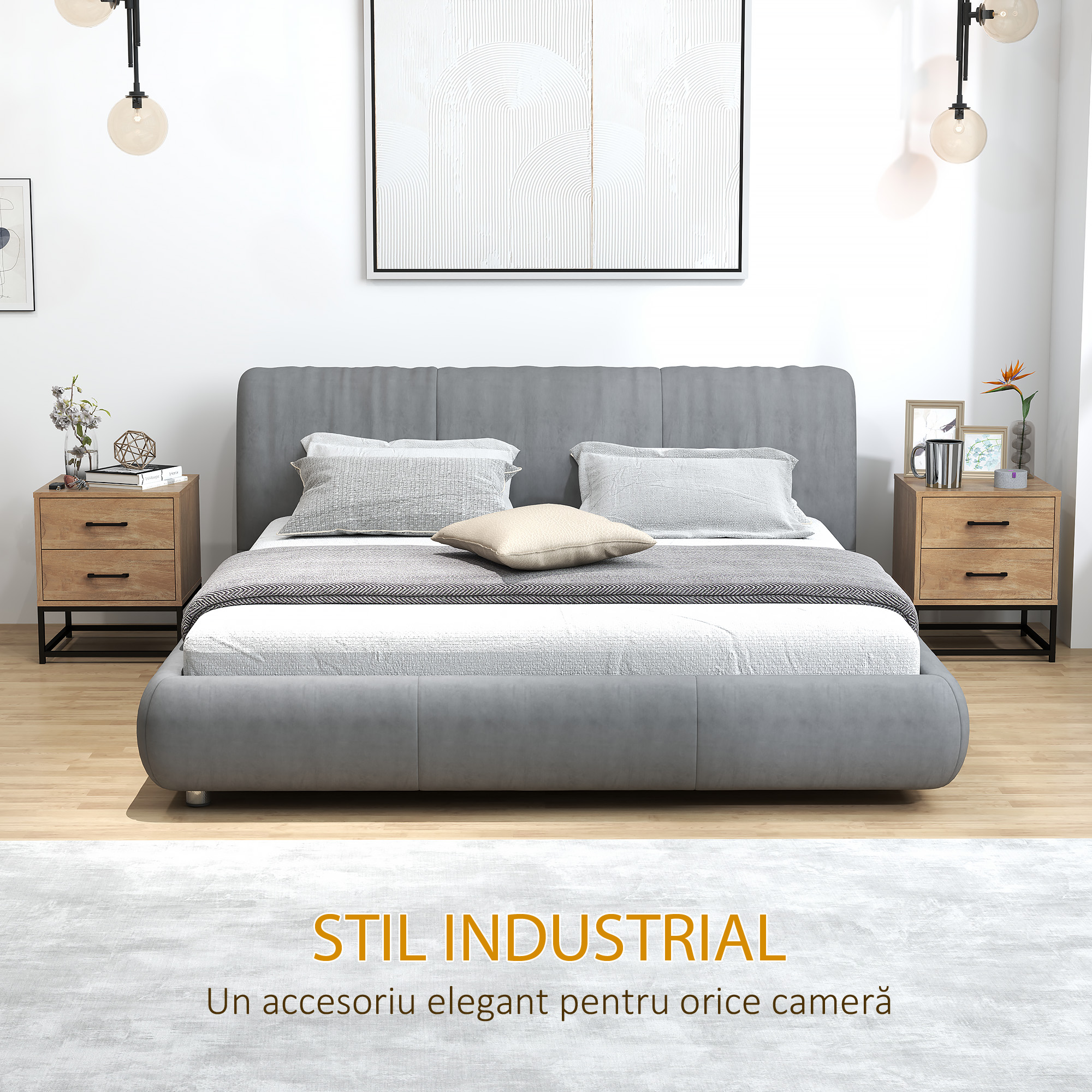  Set de 2 Noptiere cu 2 Sertare din Lemn si Otel, 40x39.5x48 cm, Lemn Natural [5]