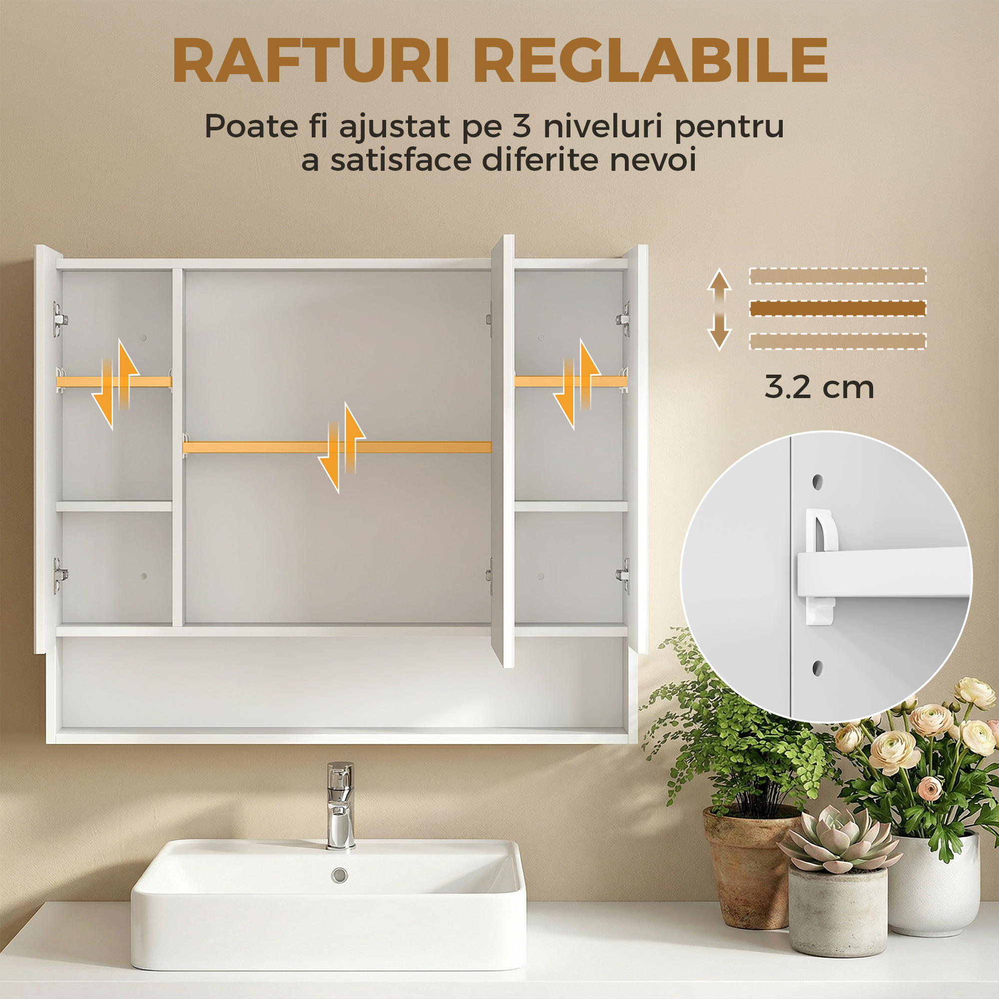 , Dulap cu Oglinda, 3 Usi Soft Close si Rafturi Reglabile, MDF, sticla, 90 cm x 15 cm x 75 cm, Alb [5]