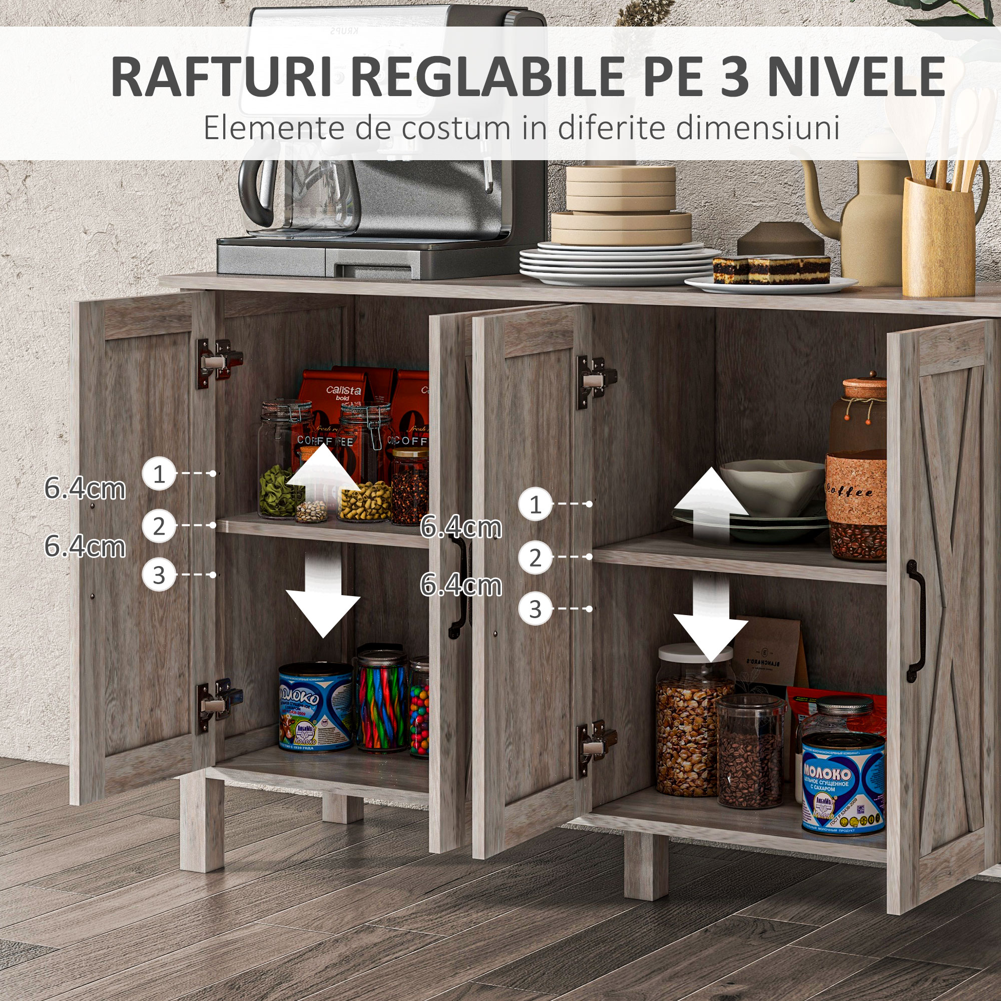  Dulap Multifunctional Stil Rustic cu 4 Rafturi Reglabile, din Lemn, 120x37x75 cm, Gri [4]