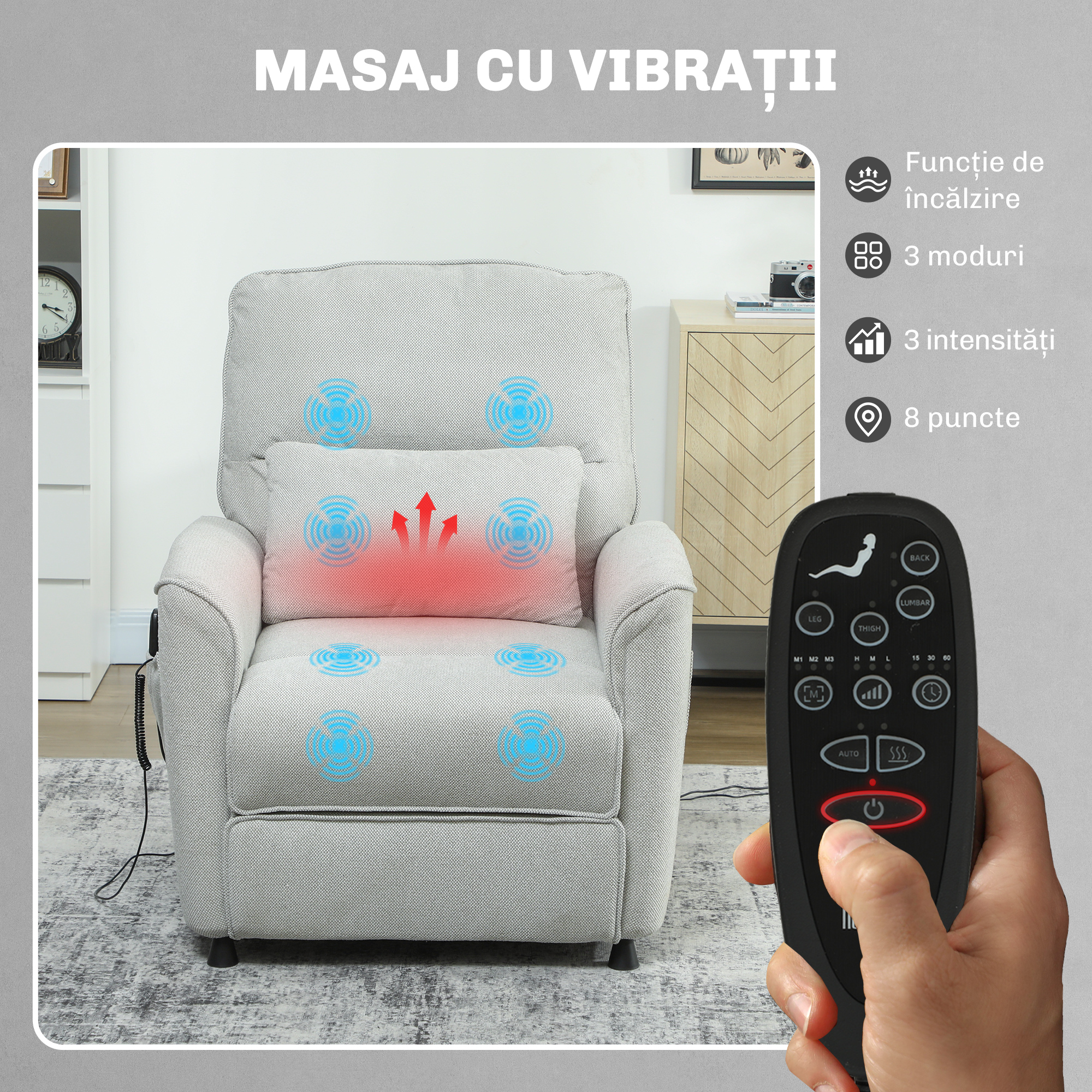  Fotoliu Rabatabil cu incalzire, 8 Puncte de Masaj si 5 Moduri, tesatura Chenille, Gri Deschis [5]