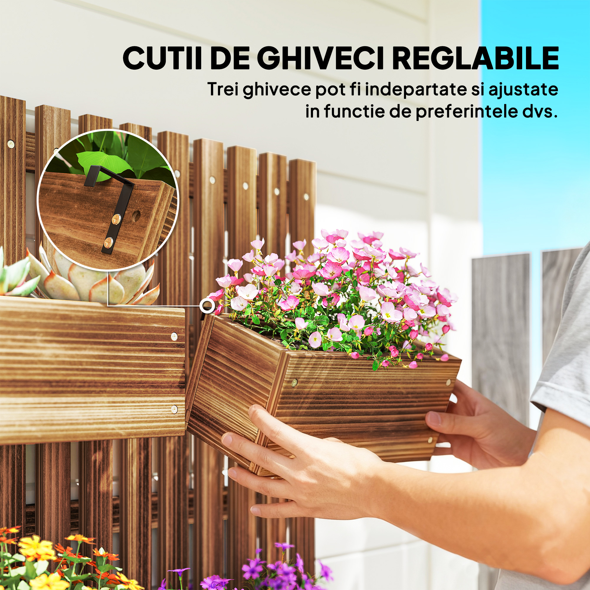  Ghiveci Vertical cu Scanduri si 3 Vase Detasabile, din Lemn de Brad, 60x16x80 cm, Maro Ars [4]