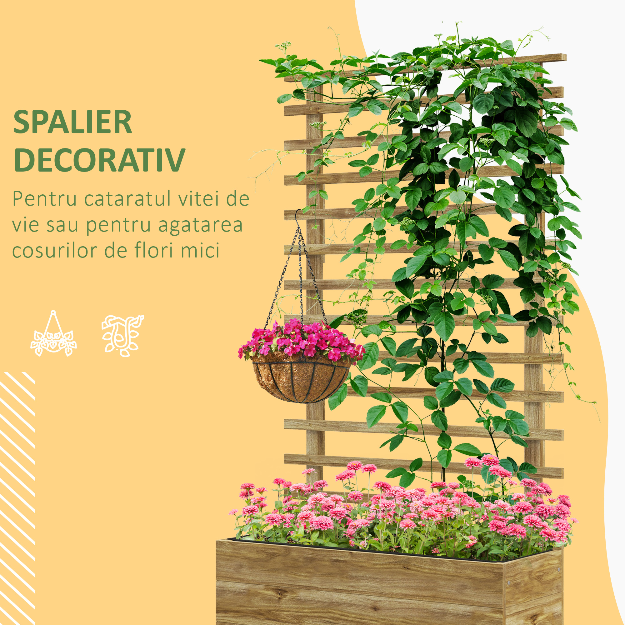  Jardiniera inaltata verticala cu 4 roti si suport pentru plantele cataratoare, din  lemn de brad, 76x30x155cm, alb [4]