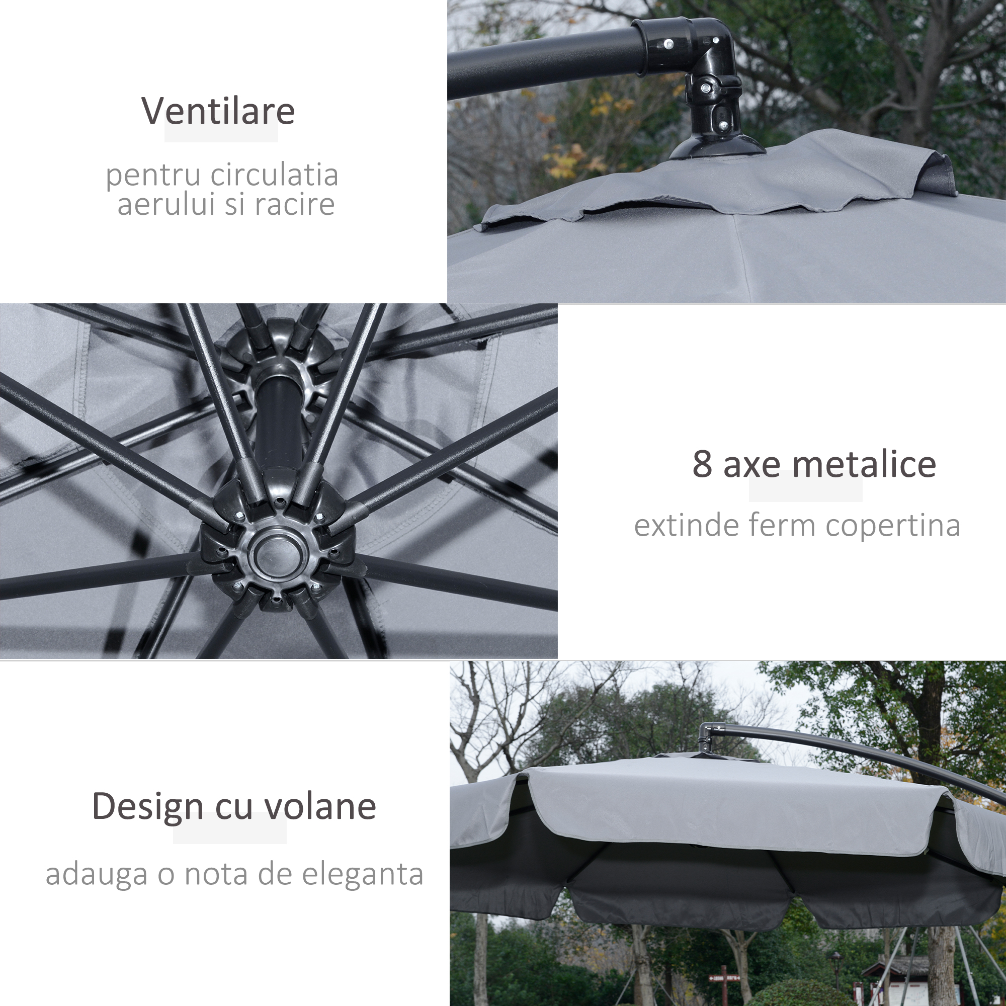  Umbrela de Soare pentru Gradina cu Brat  Parasolar din Metal, Baldachin din Poliester Reglabil si Deschidere cu Manivela, Φ265x265cm, Gri [5]