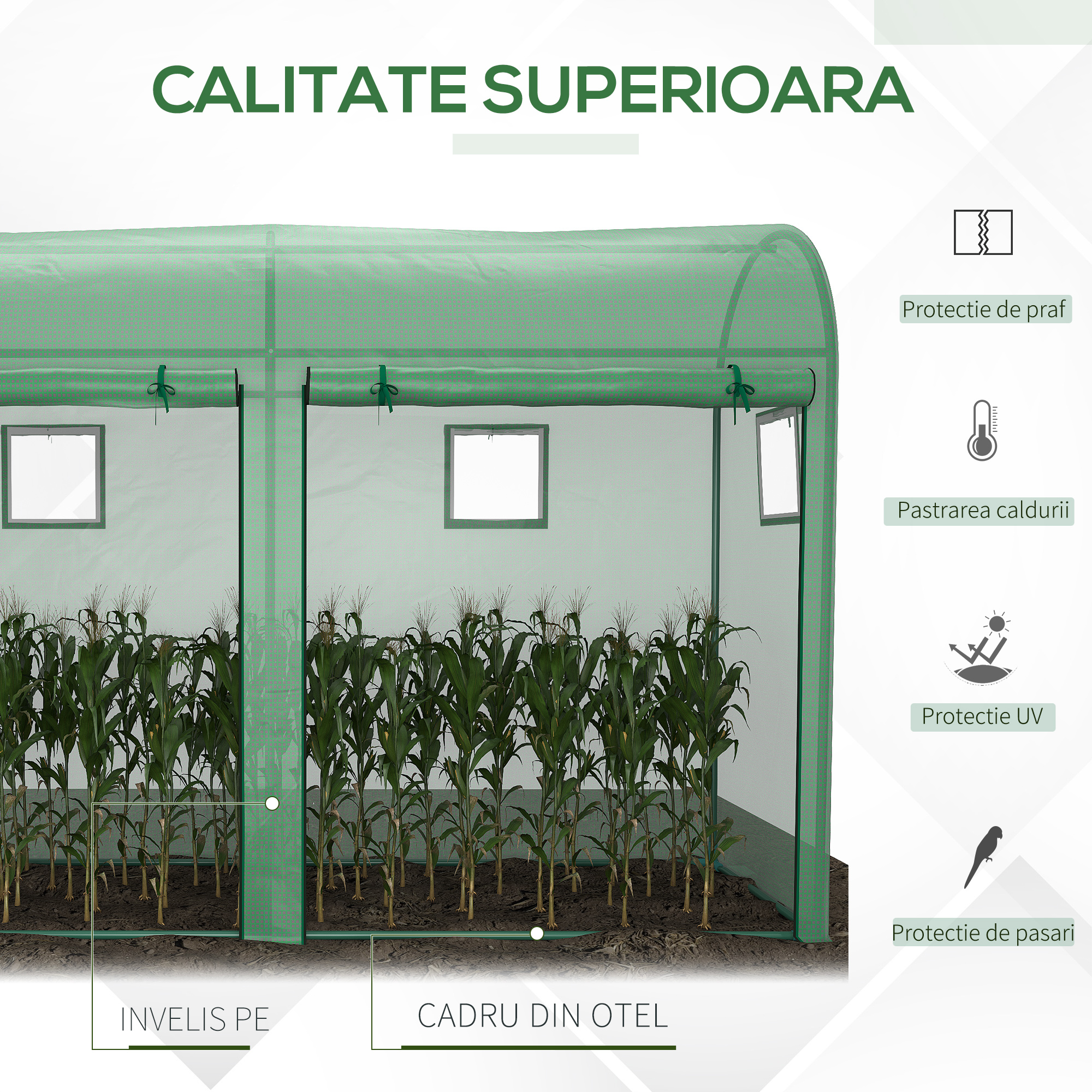  Sera Tunel cu 2 Usi si 4 Ferestre, Cadru din Otel, Acoperire din PE, Verde, 300x100x200 cm [3]