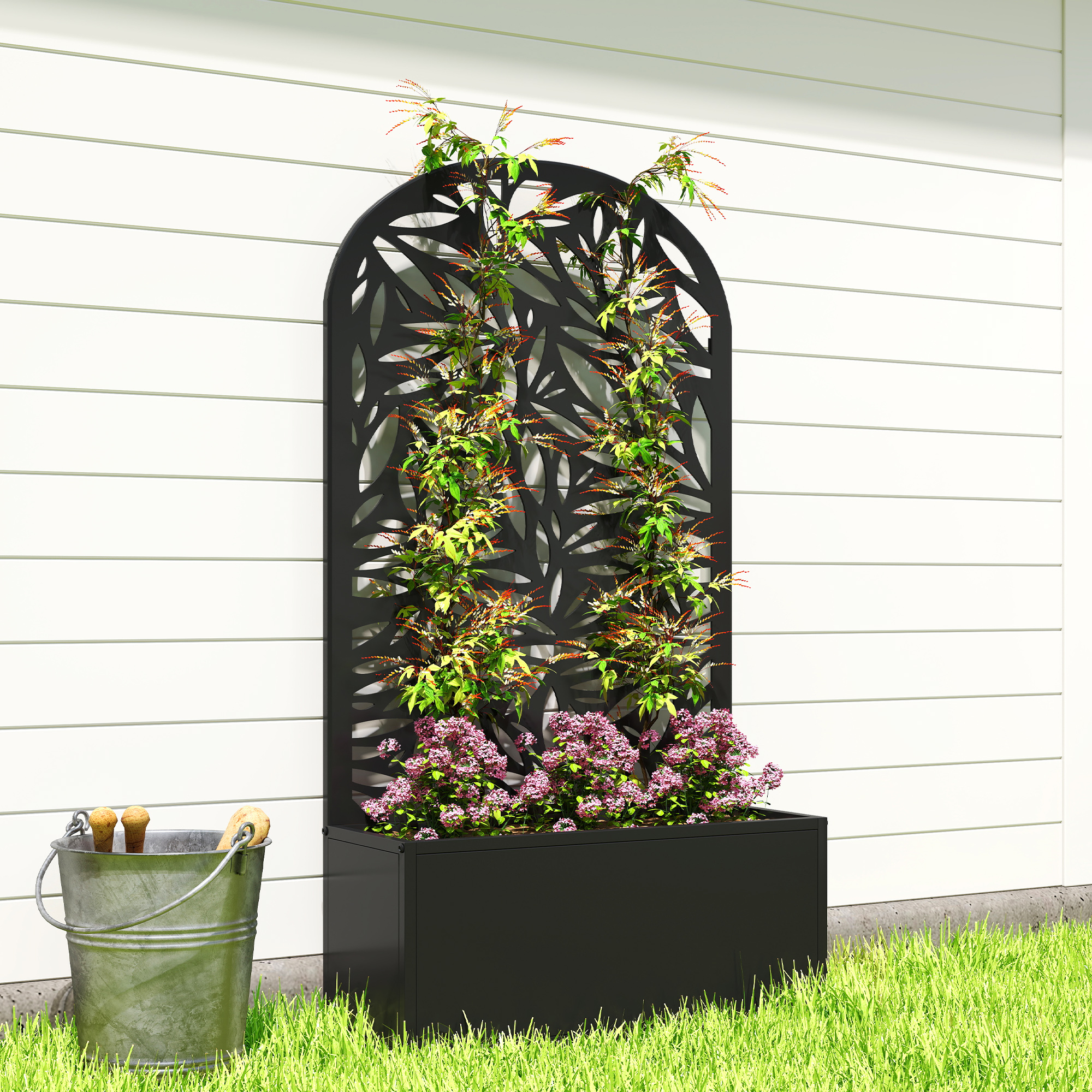  Jardiniera Elevata de Exterior, Jardiniera cu Suport Decorativ Arcuat cu Motive de Frunze pentru Plante Cataratoare din Metal, Montare pe Perete sau Independenta, pentru Plante si Flori, 61x23x113 cm [8]