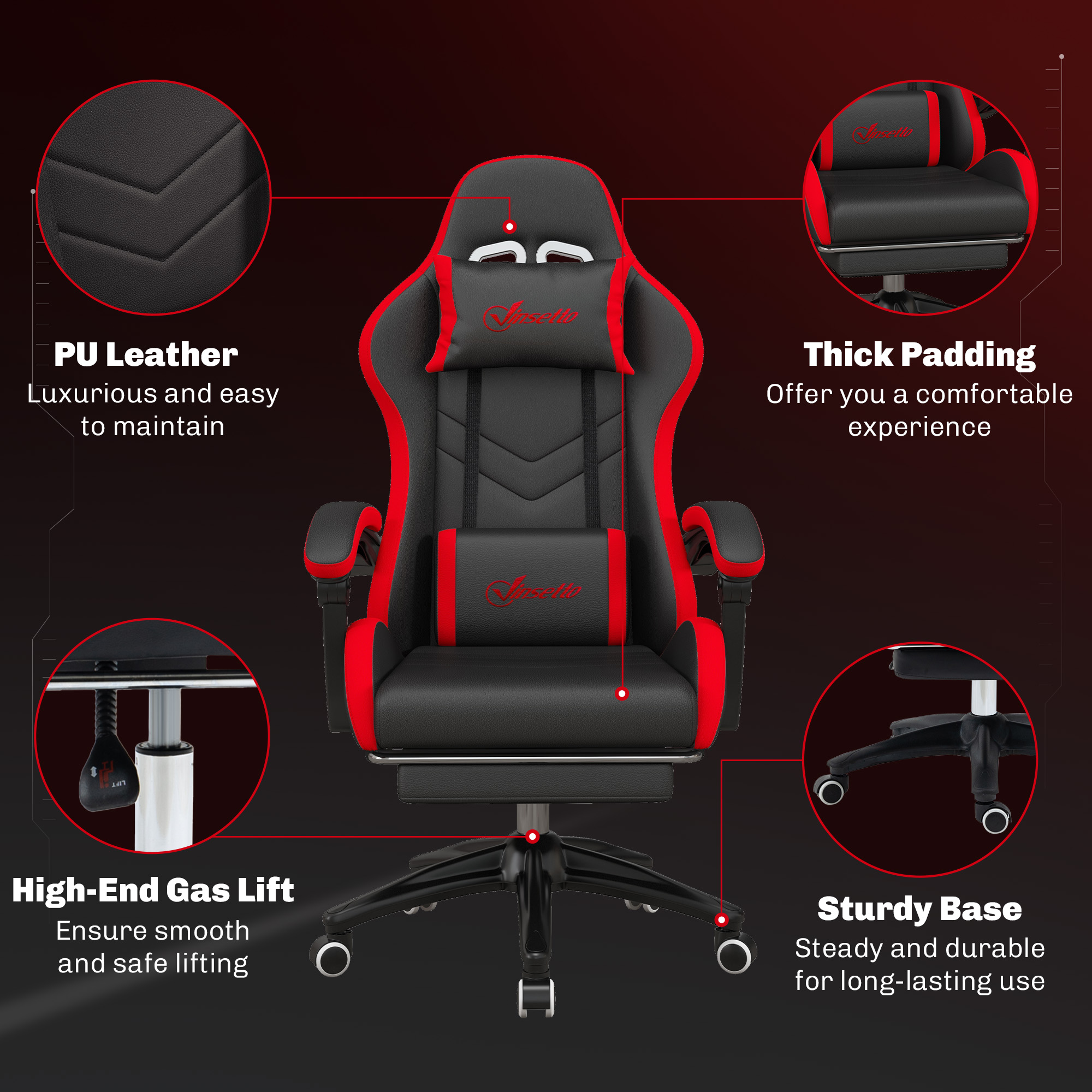  Scaun de Gaming cu inaltime Reglabila si Spatar Rabatabil, 65x65x121-129 cm, Negru si Rosu [6]