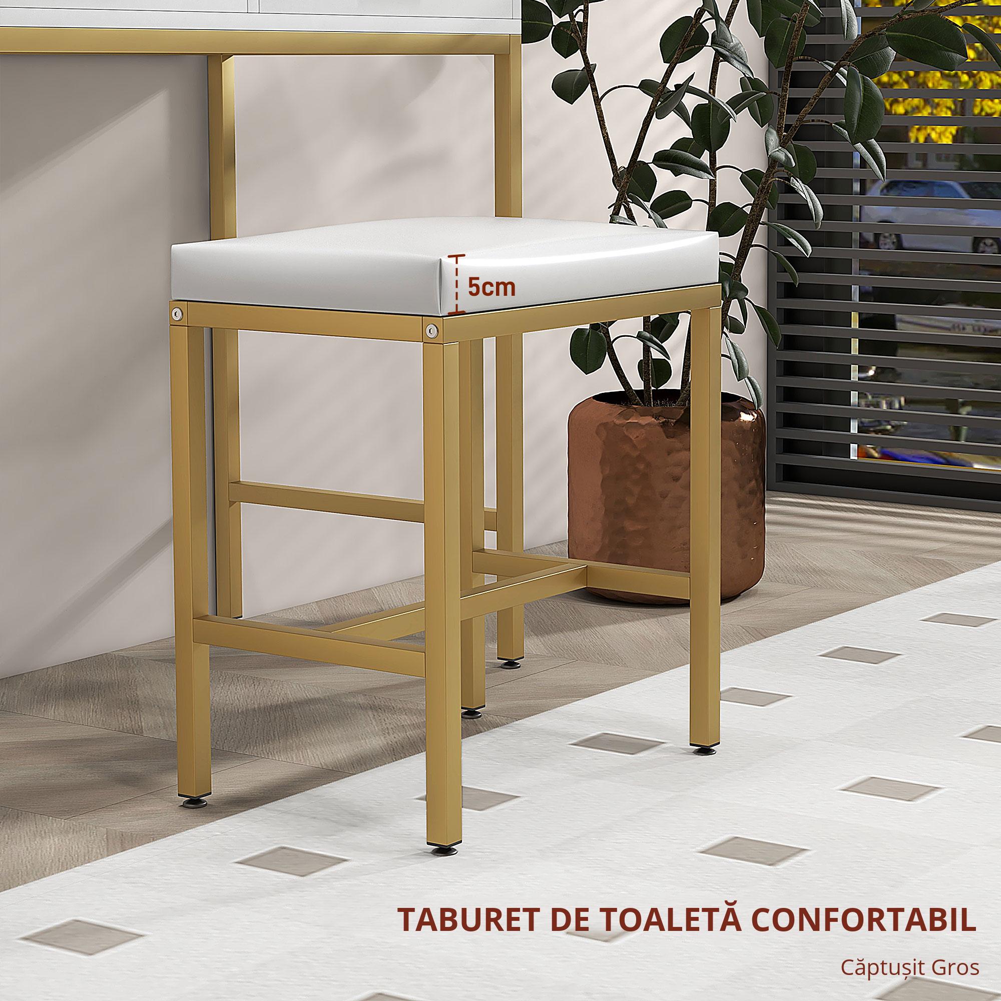  Masa de Machiaj cu Oglinda LED si Scaun, 2 Sertare, 5 Rafturi, pentru Baie, Alb [5]