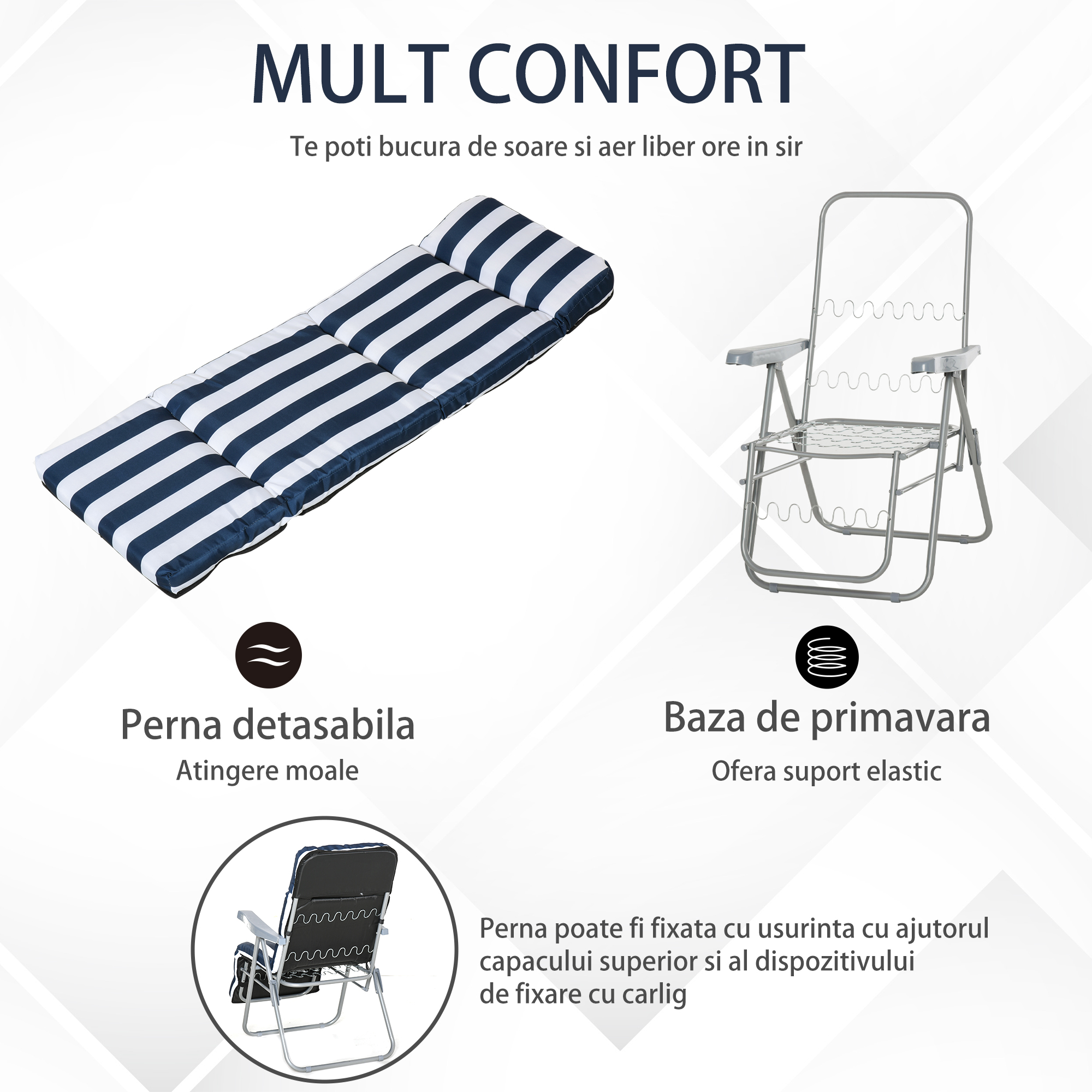  Set 2 Scaune sezlong de Gradina, cu Captuseala cu Brate Reclinabile, alb si albastru [4]