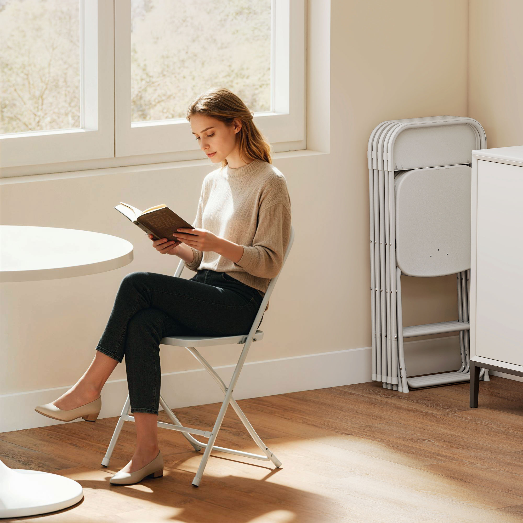  Set de 6 Scaune Pliabile din PP cu Orificii de Drenaj, Scaune Economice Portabile din Otel, Scaun Pliabil pentru Interior, Casa, Birou, Bucatarie, Evenimente, 45x49x79,5 cm, Alb [8]