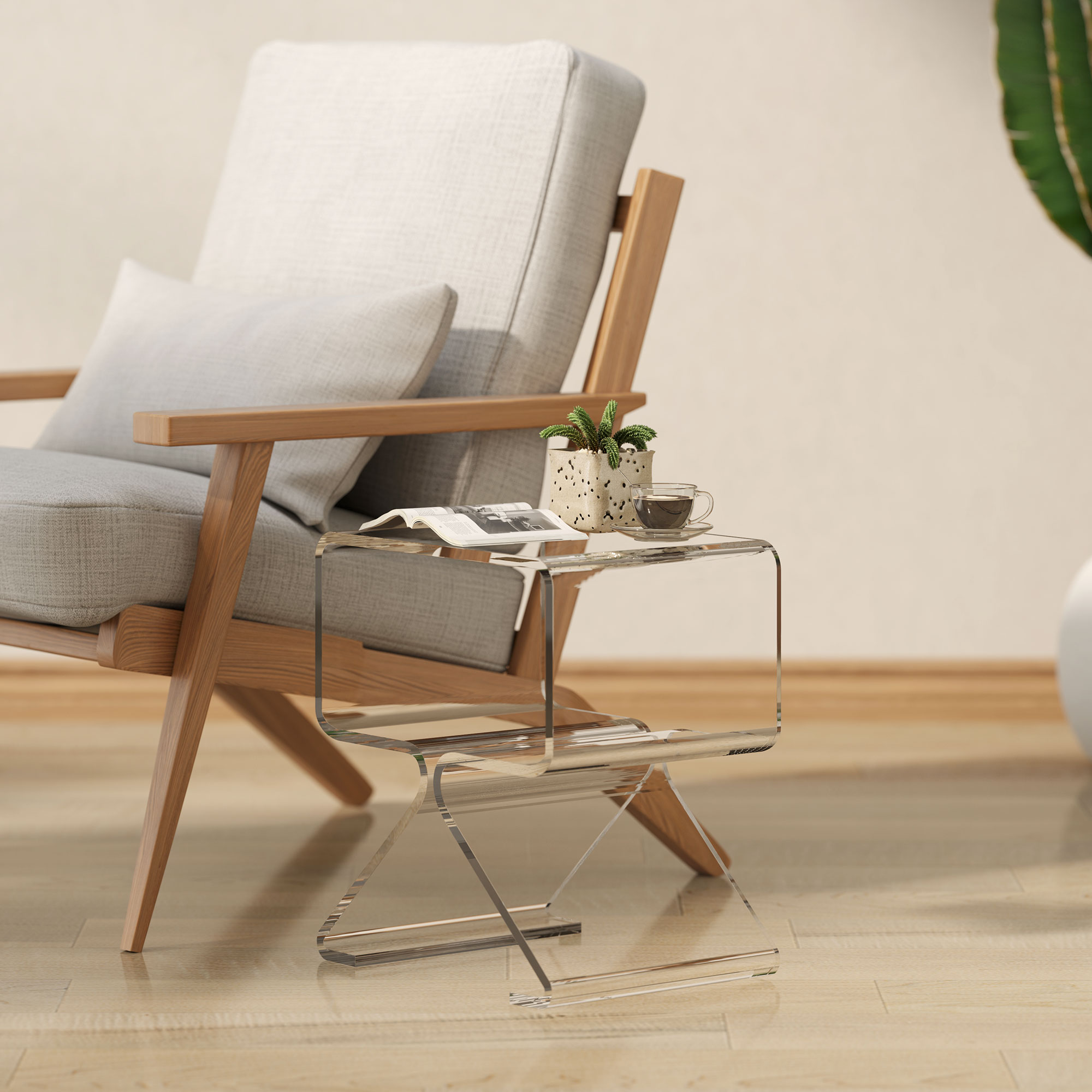  Masuta de Cafea Geometrica cu 2 Niveluri cu Picioare Triunghiulare din Acril, 40x30x45 cm, Transparenta [6]