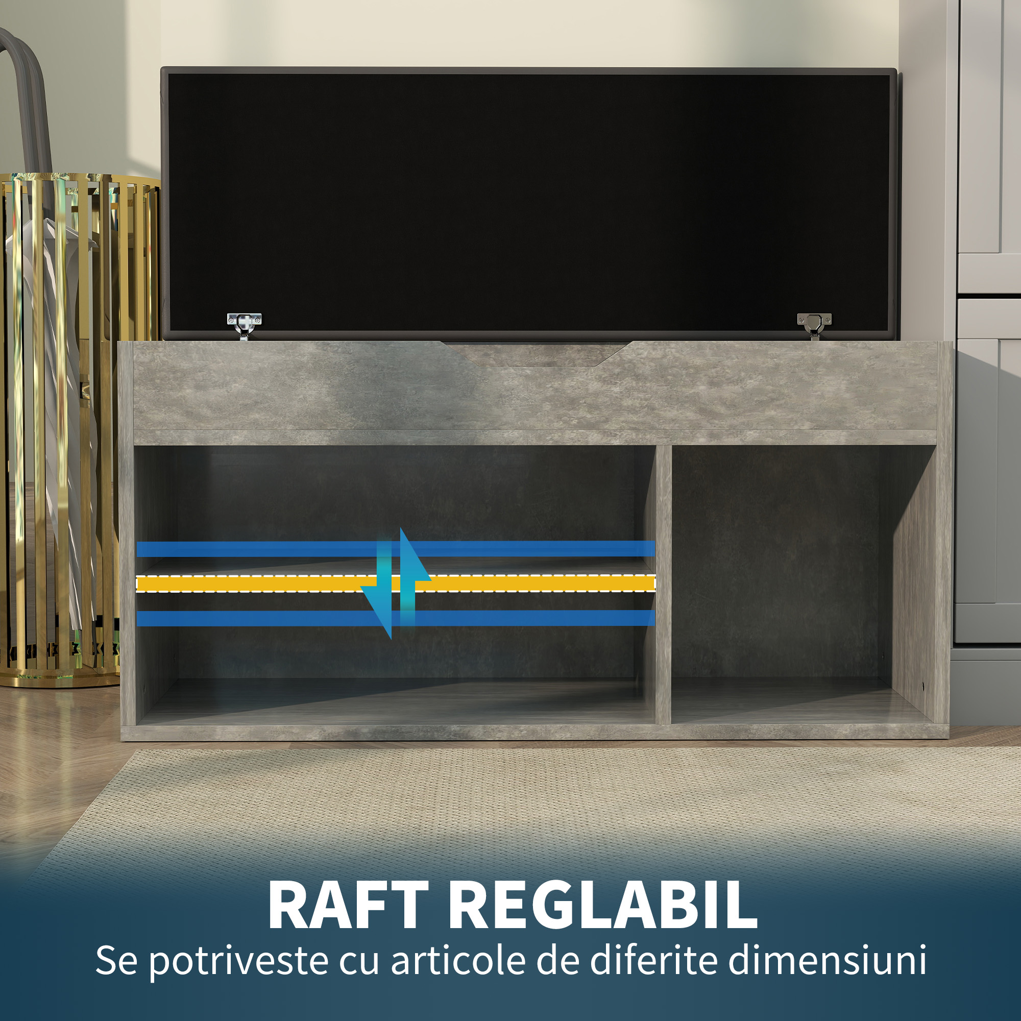  Banca pentru incaltaminte cu 3 Rafturi Deschise, Spatiu Ascuns si Perna Capitonata, 80x30x45 cm, Gri [6]