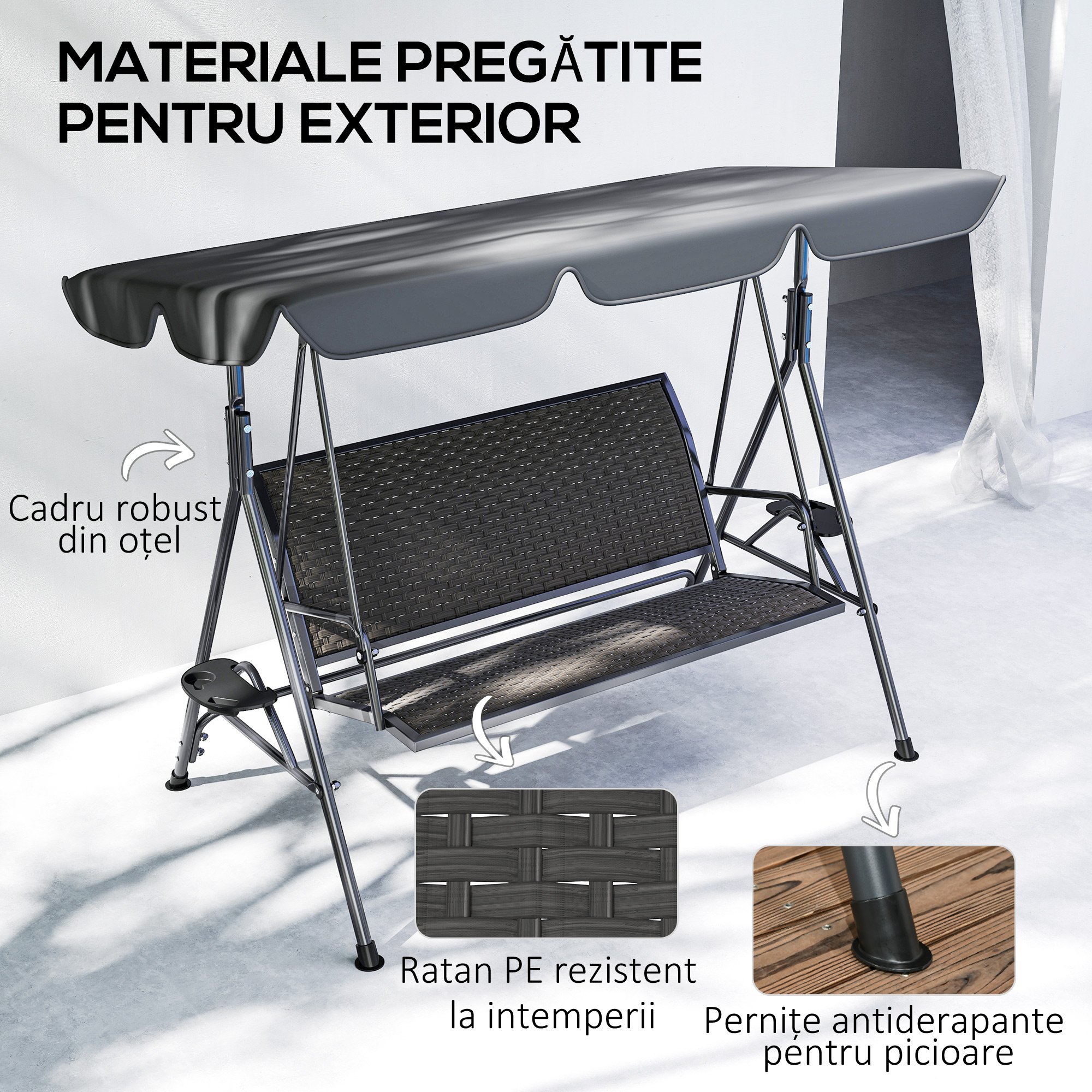  Balansoar de Gradina 3 Locuri din Ratan PE cu Acoperis Reglabil si Suporturi pentru Pahare, Balansoar de Exterior cu Cadru din Otel, Capacitate 320 kg, 204x112x150 cm, Gri [5]