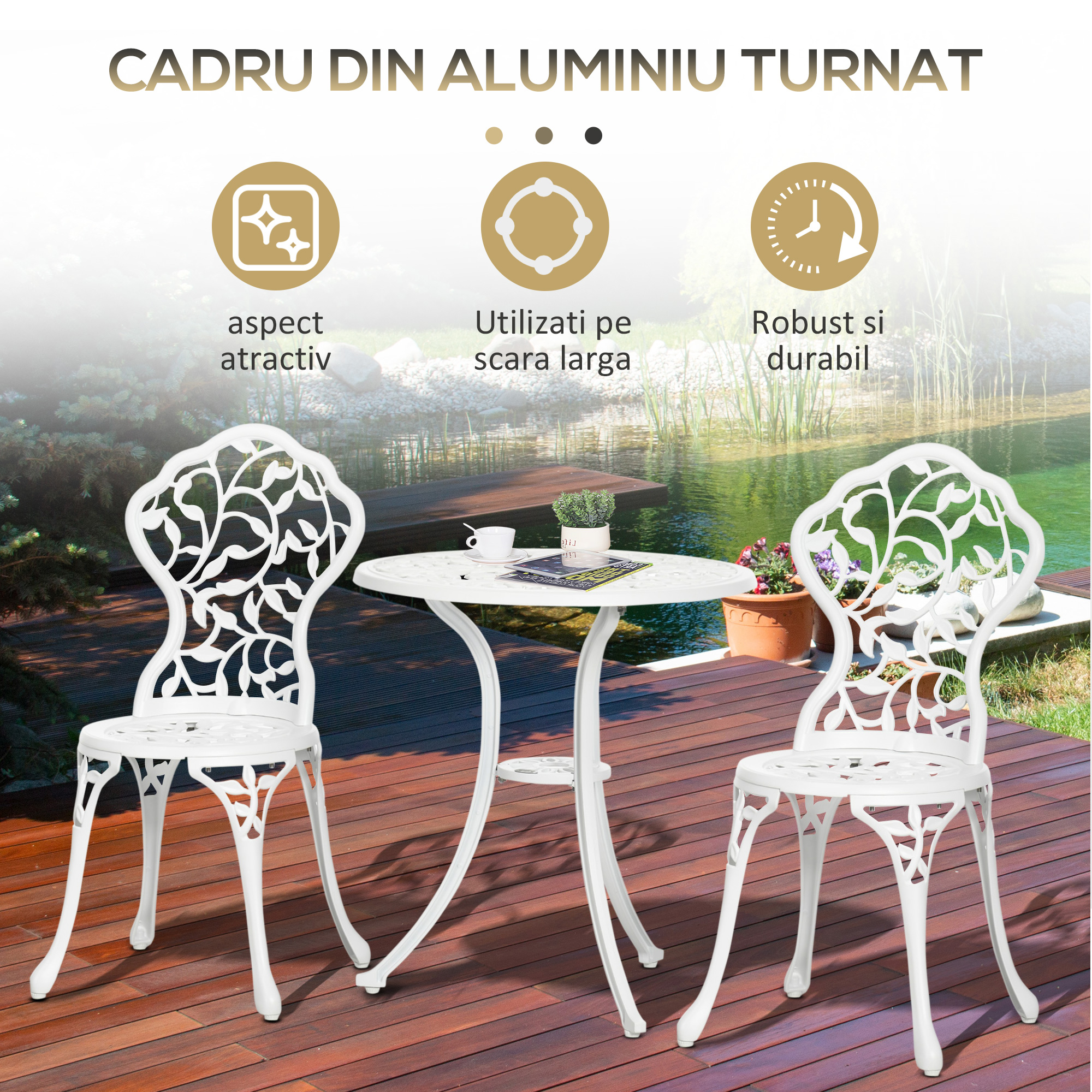  Set pentru gradina 3 bucati din aluminiu alb cu design floral, 2 scaune pentru exterior 45x42x85.5 cm si masa rotunda Ø61x66.5 cm [4]