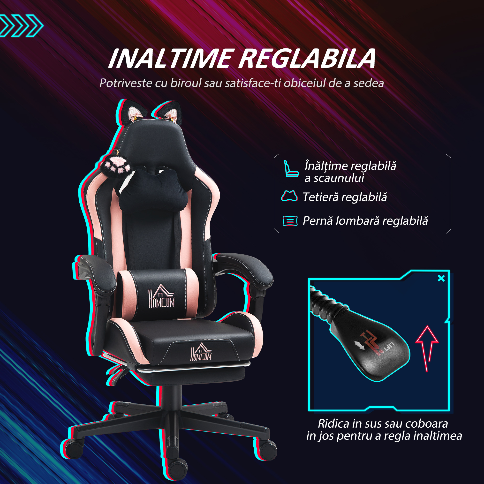  Scaun Gaming Ergonomic cu Urechi de Pisica, Roz [4]