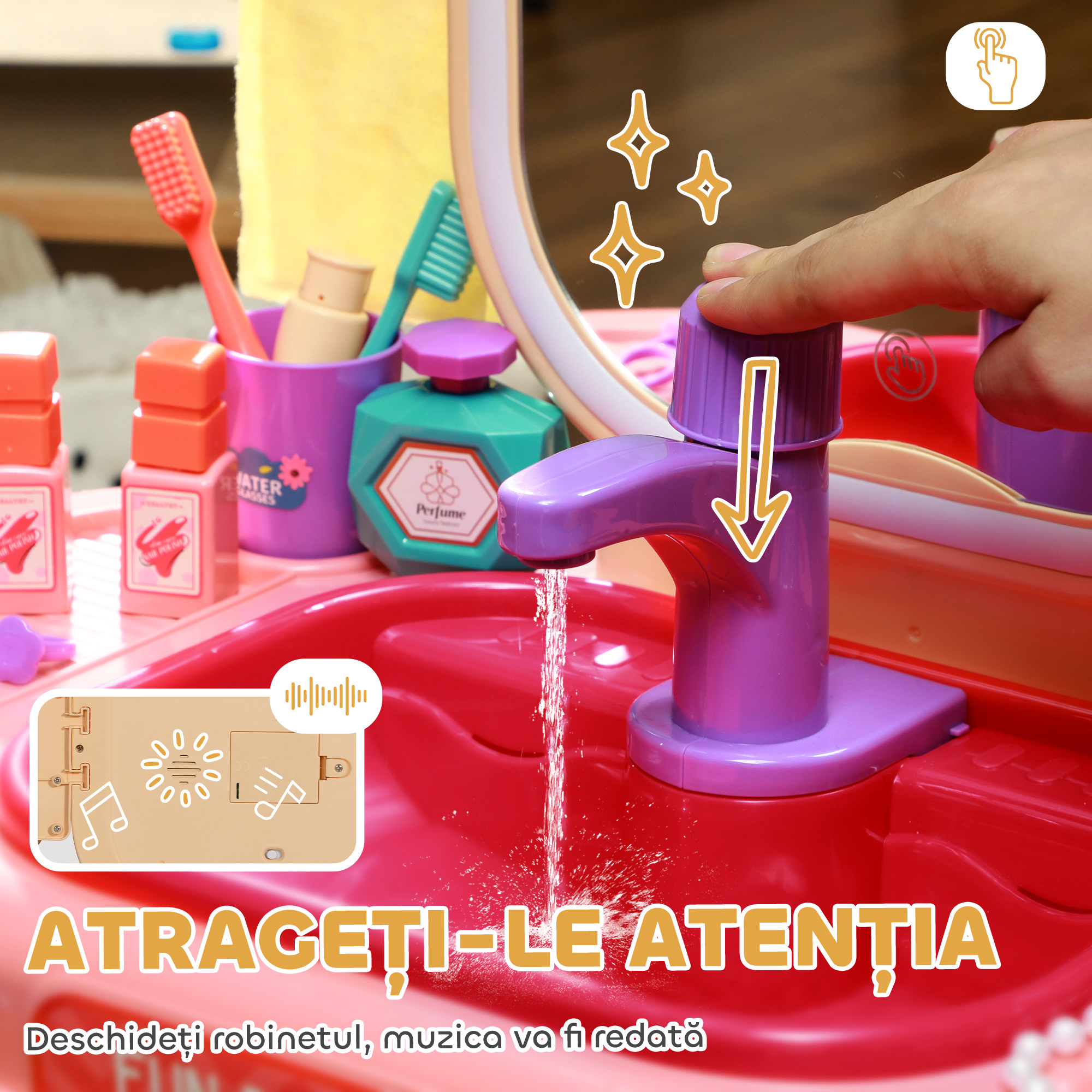  Masa de Toaleta pentru Fetite 3-6 Ani cu Oglinda din Acrilic si Robinet, Jucarie pentru Copii din Plastic, 55x29x71 cm, Roz [5]