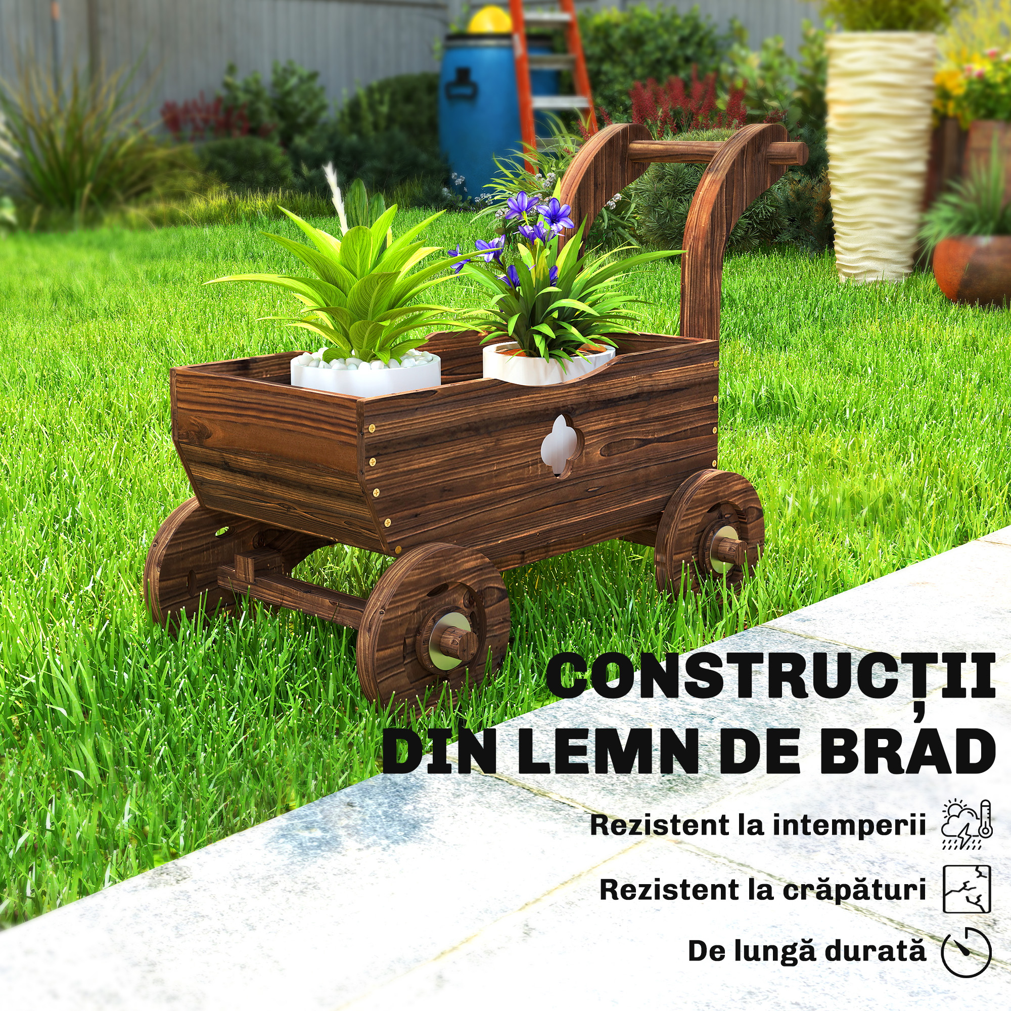  Strat inaltat pentru Gradina in Forma de Carucior cu 4 Roti si Maner, Ghiveci din Lemn de Molid cu Gauri de Drenaj, pentru Balcon, Terasa, 68x38x52 cm, Finisaj Carbonizat [6]