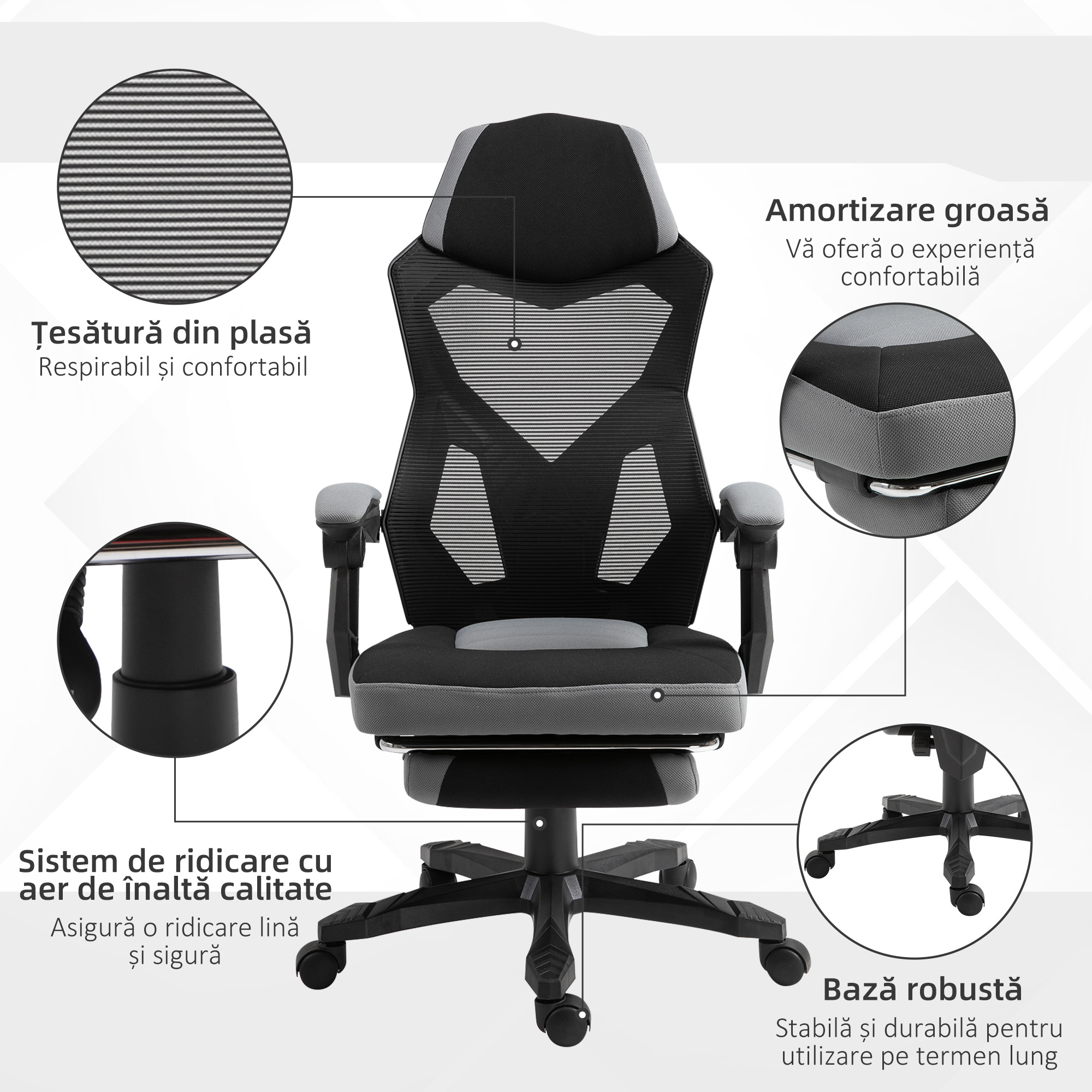  Scaun de Birou Ergonomic cu Spatar Reclinabil, Suport Picioare Retractabil, inaltime Reglabila, Gri [6]