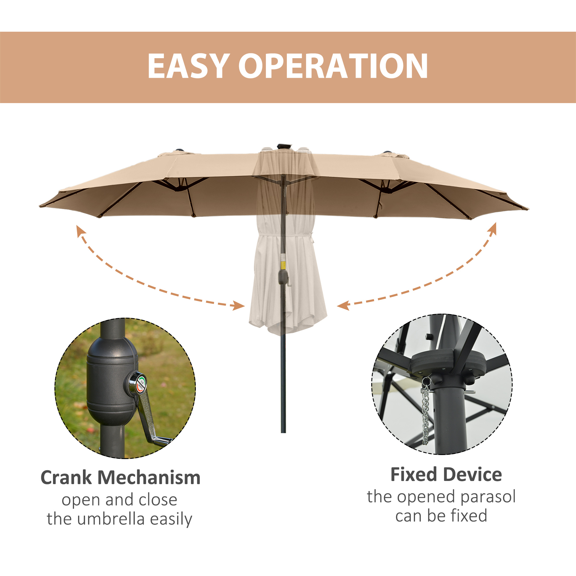  Umbrela de soare de Gradina 4,5 m cu 48 de Lumini LED cu Energie Solara, Umbrala de Soare Dubla cu Manivela, Kaki [5]