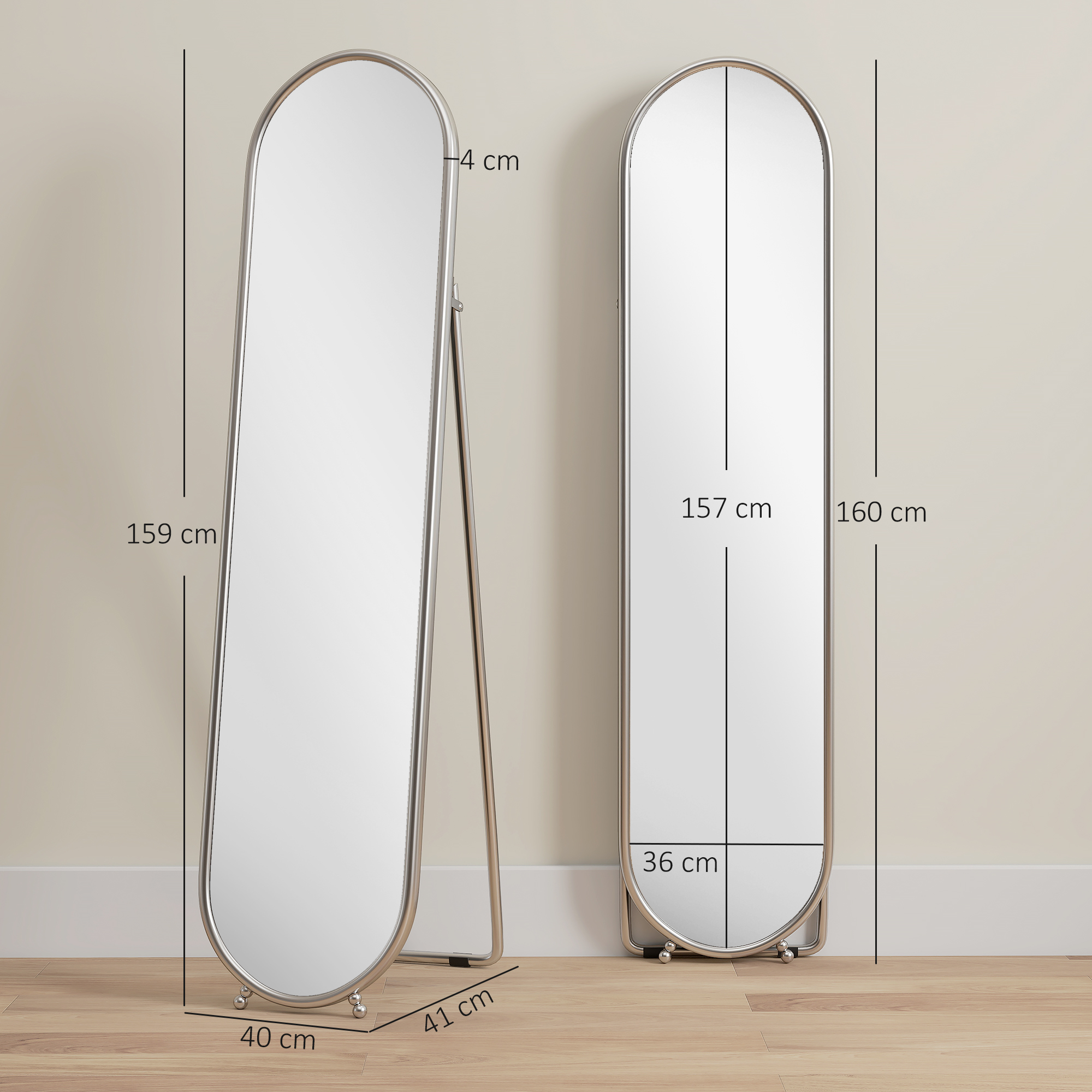  Oglinda intreaga de Podea cu Suport Rabatabil, Sticla si Metal, 40x4x160 cm, Argintiu [2]