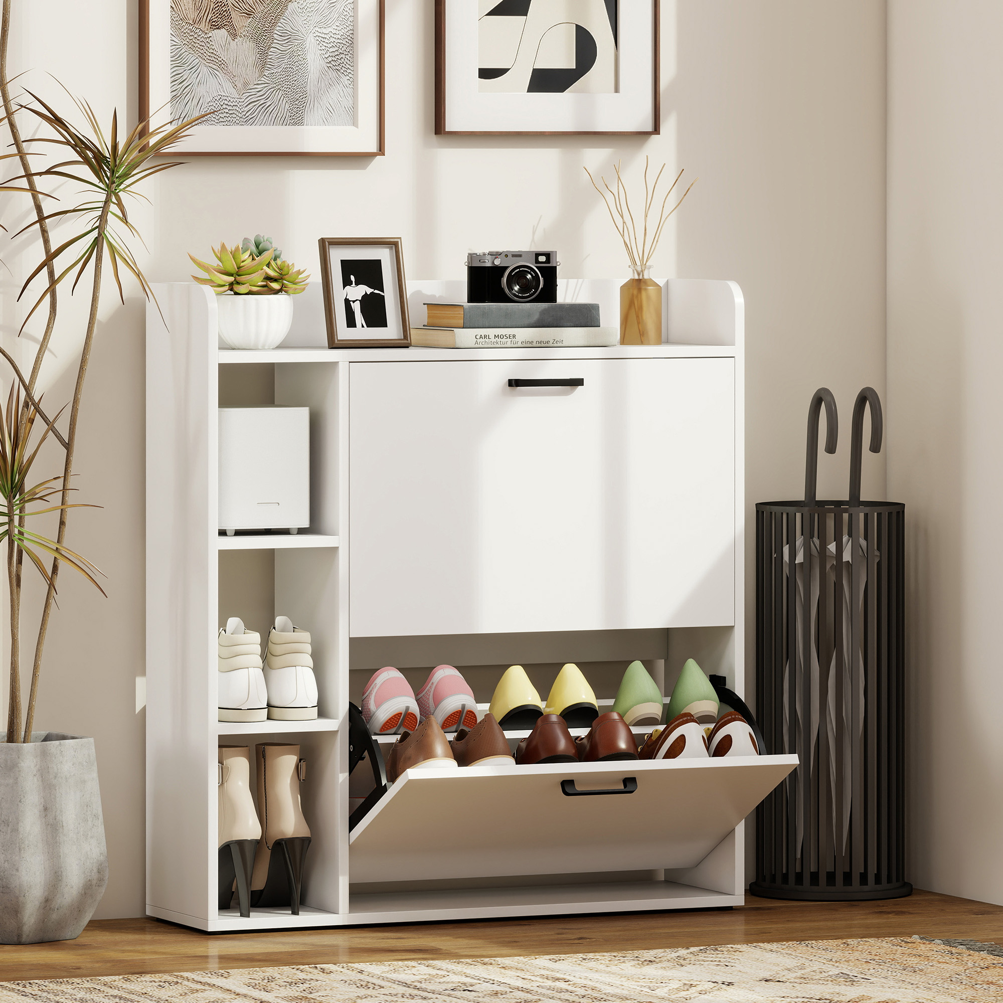  Dulap pentru pantofi slim cu 2 sertare rabatabile si 3 rafturi, Capacitate 15 perechi, 83x24x90.5 cm, Alb [1]