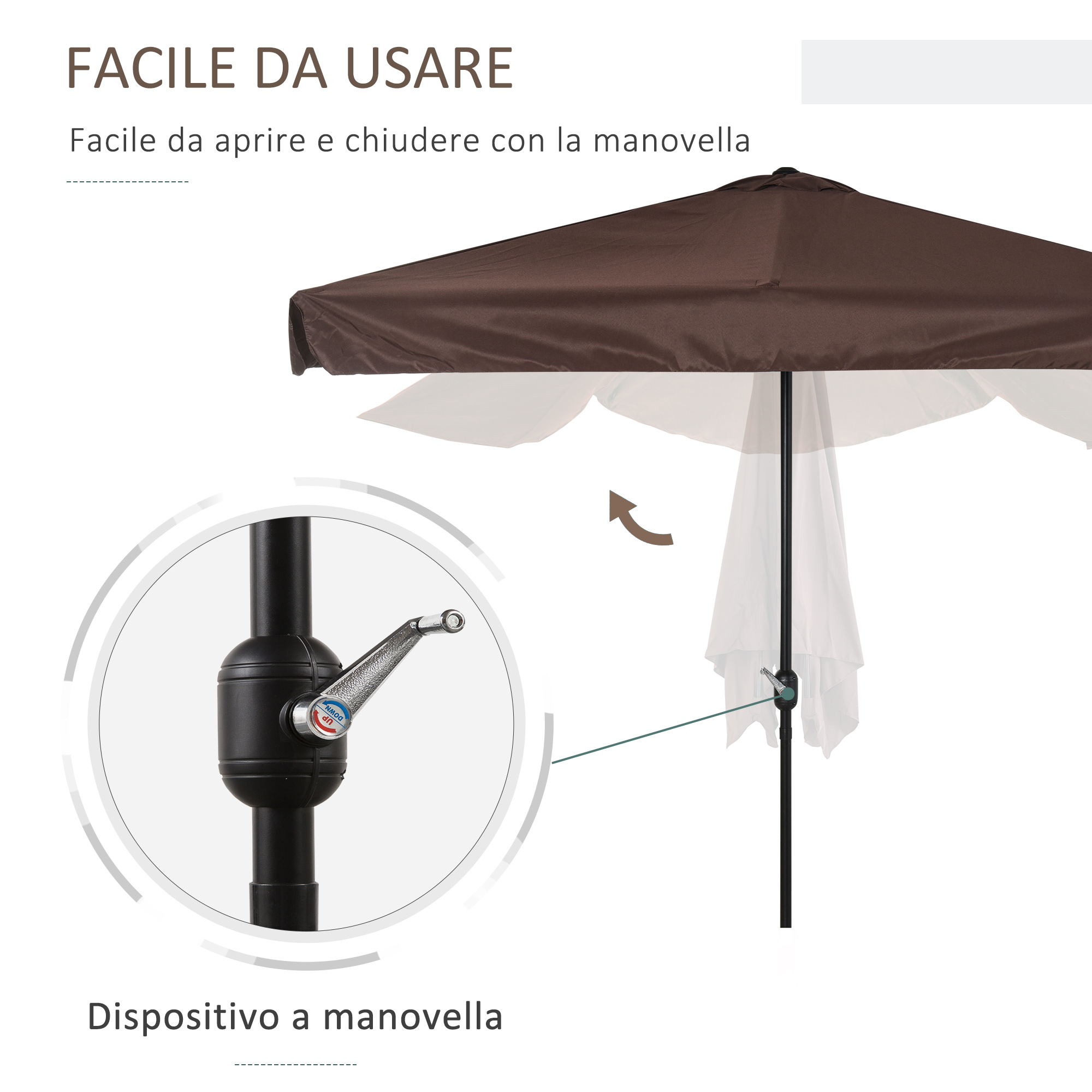 Umbrela de soare Semicirculara  pentru Terasa si Gradina, Umbrela de soare Semiluna pentru Perete cu Manivela, 230x130x249cm, Culoare Cafea [3]