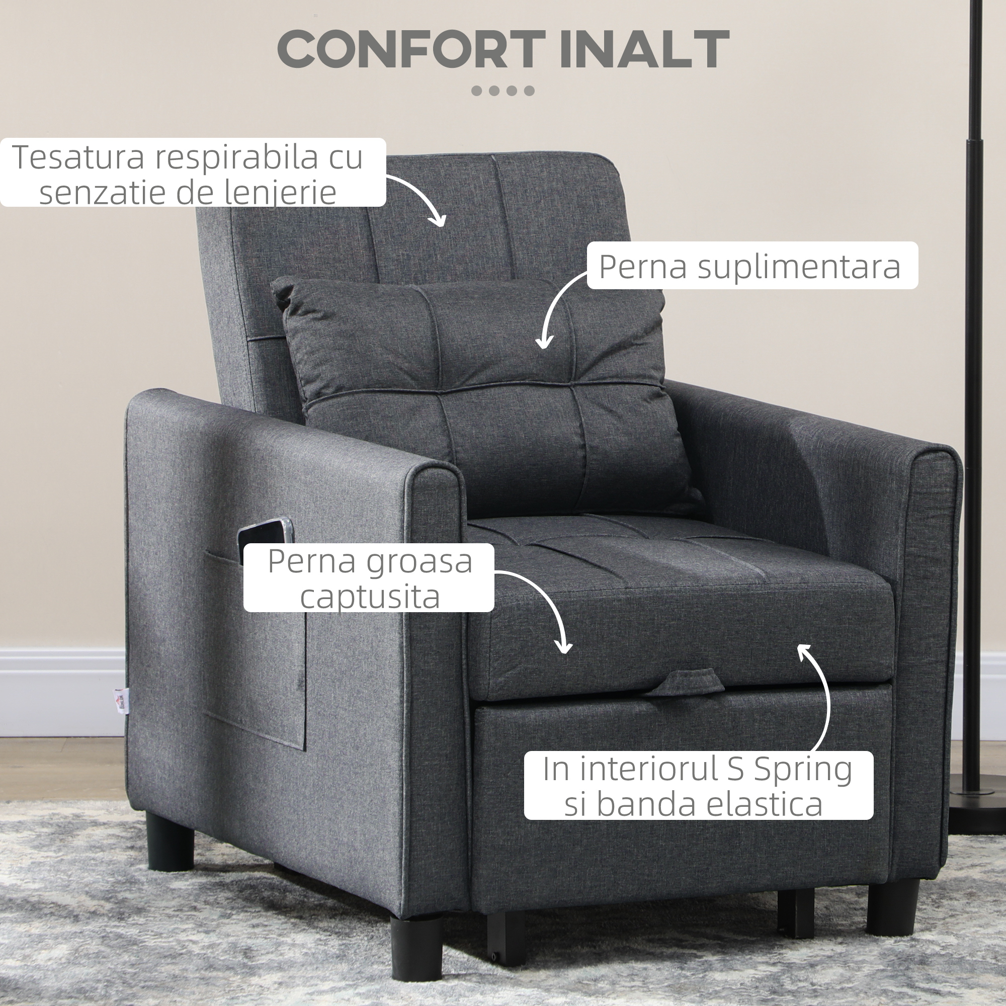  Canapea Extensibila 3-in-1 - Pat, Fotoliu & sezlong Cu Spatar Reglabil [3]