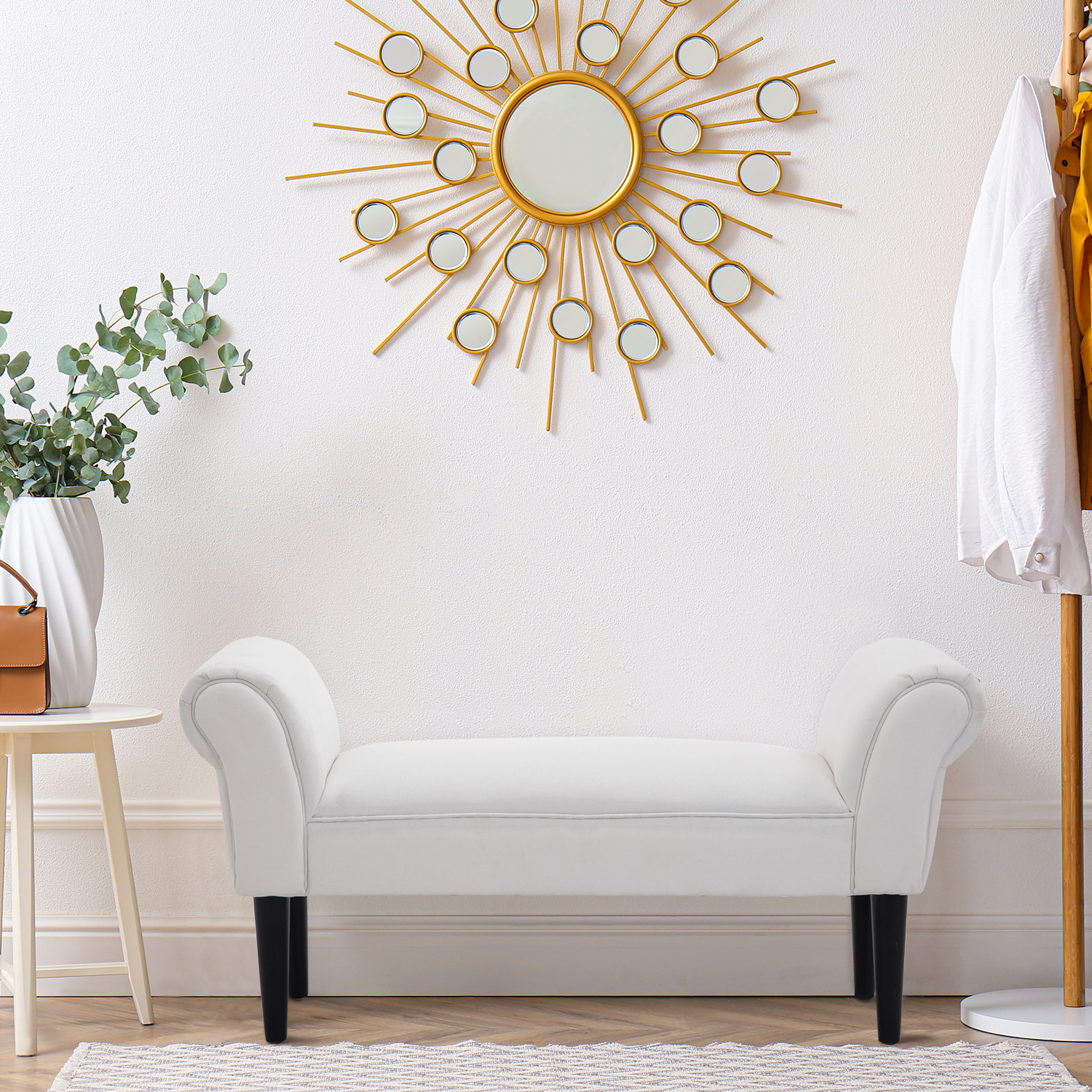  Banca de Capat de Pat cu Cotiere Rulate, Banca Captusita pentru Dormitor, 102x35x51 cm, Alb [3]