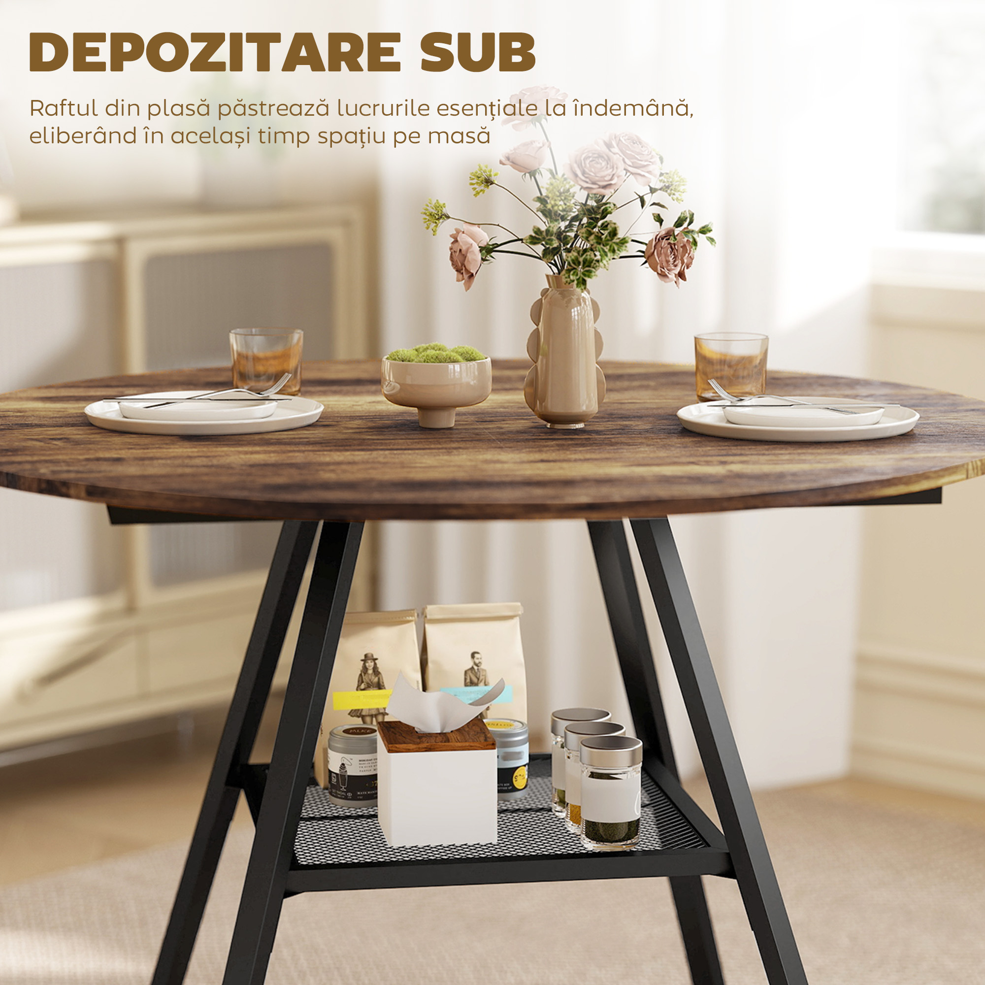  Masa de dining 4 locuri, 100 cm rotunda, bucatarie industriala, polita de depozitare, maro rustic. [4]