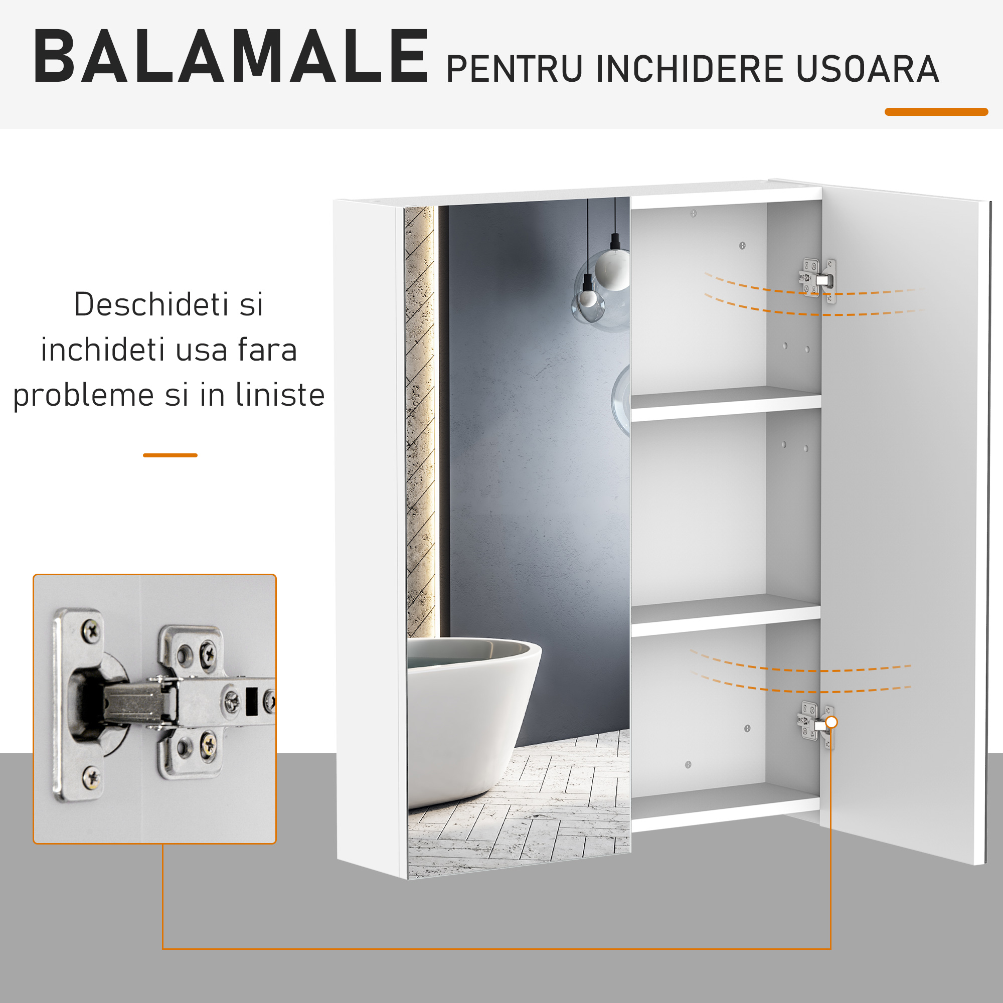  Dulap de Baie Suspendat cu Doua Usi Frontale, Oglinda si 2 Rafturi Interioare din MDF, 60x15x75 cm, Alb [6]