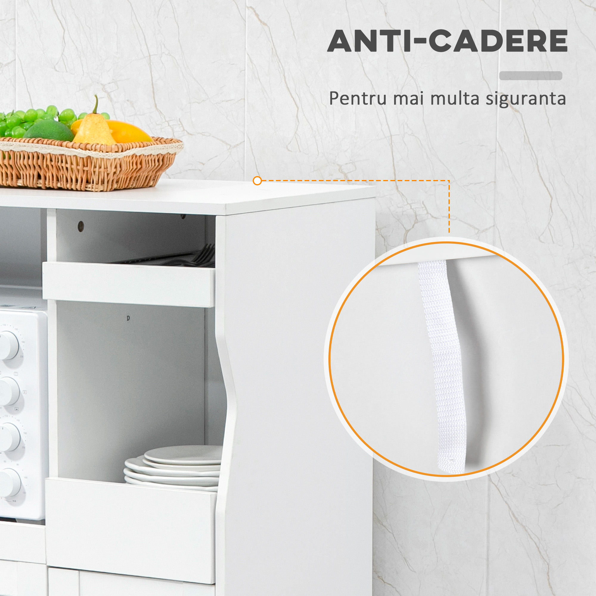  Bufet de Bucatarie cu 2 Dulapuri, Sertar si Rafturi Extensibile pentru Cuptor cu Microunde, 84x39x109 cm, Alb [6]